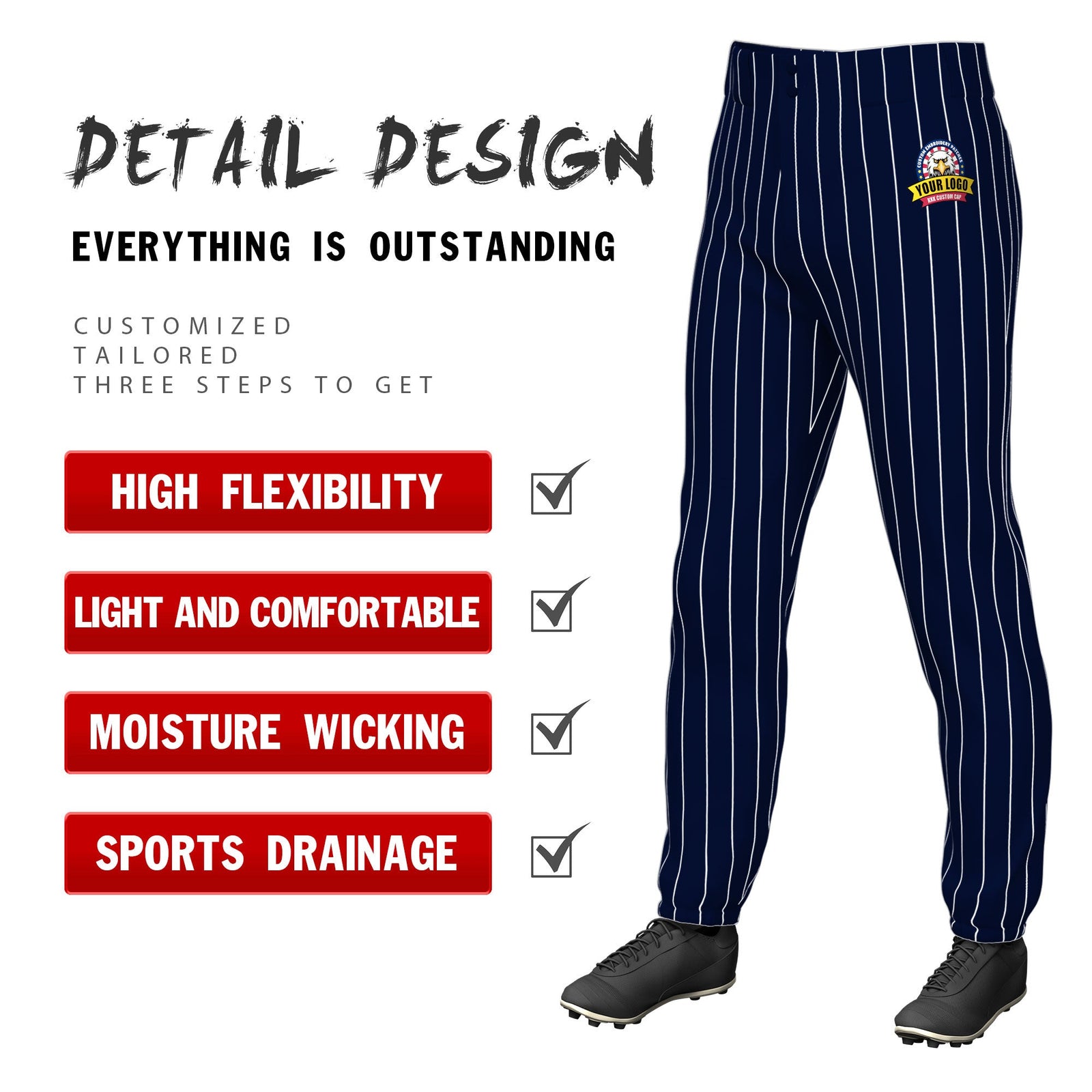 Custom Navy White Pinstripe Fit Stretch Practice Pull Up Baseball Pants