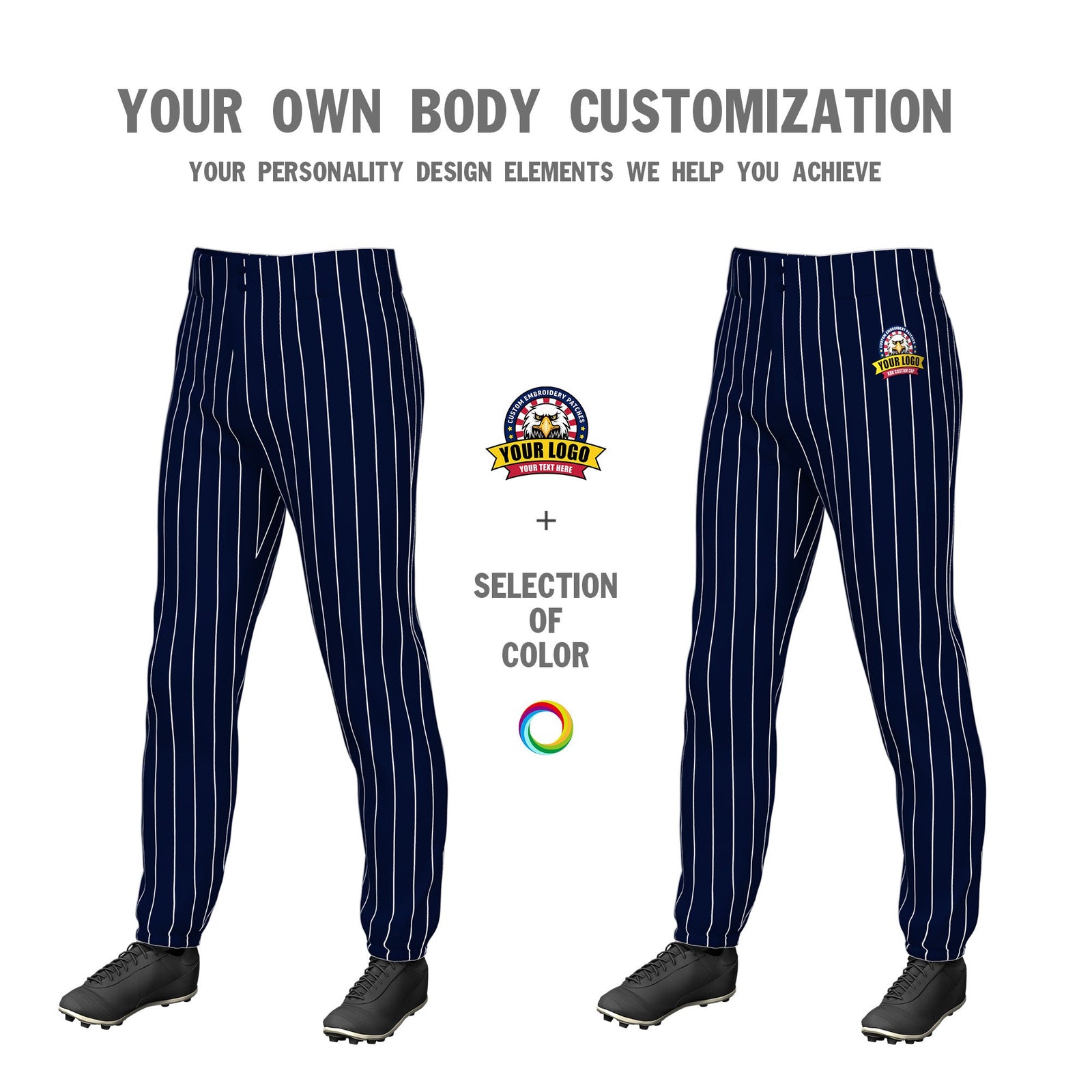 Custom Navy White Pinstripe Fit Stretch Practice Pull Up Baseball Pants