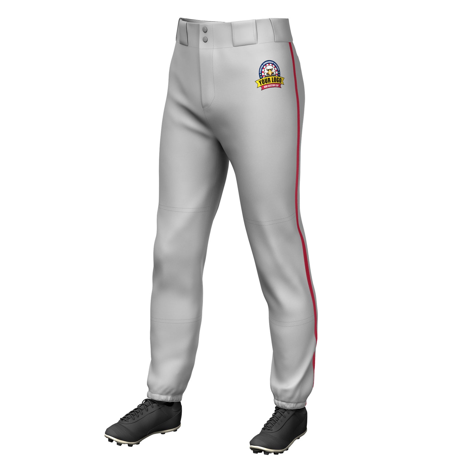 Custom Gray Red Pinstripe Fit Stretch Practice Pull Up Baseball Pants