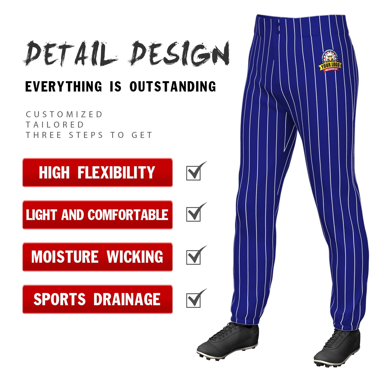 Custom Royal White Pinstripe Fit Stretch Practice Pull Up Baseball Pants