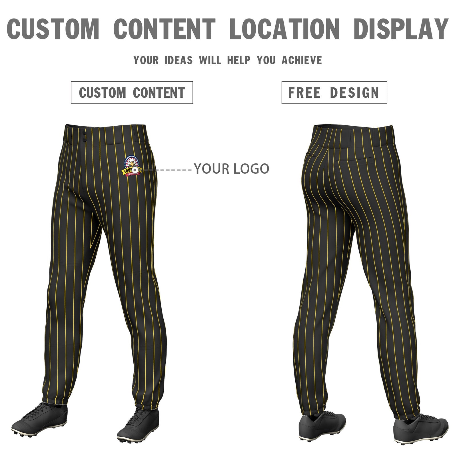 Custom Black Gold Pinstripe Fit Stretch Practice Pull Up Baseball Pants