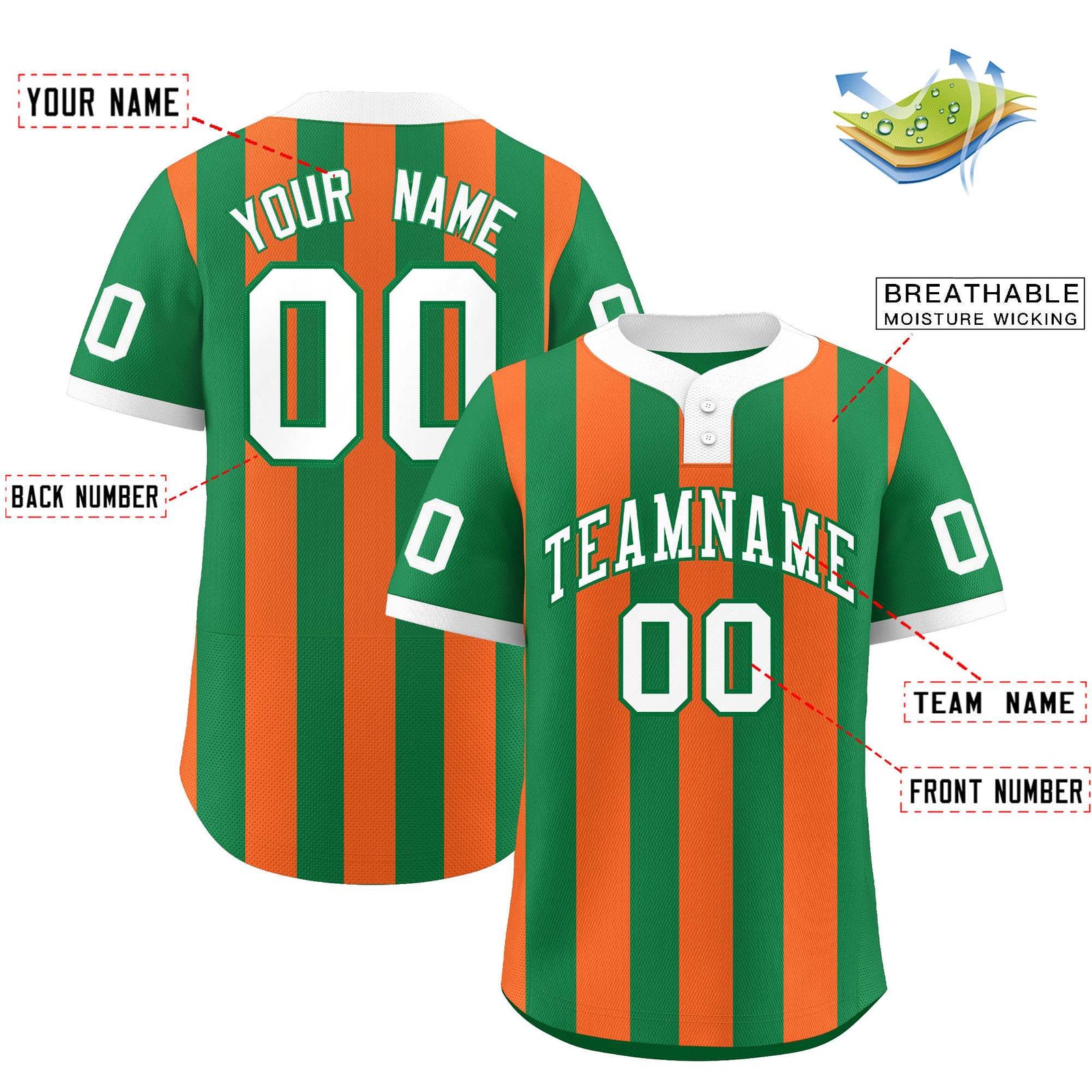 Custom Kelly Green Orange Stripe Fashion Authentic Two-Button Softball Jersey