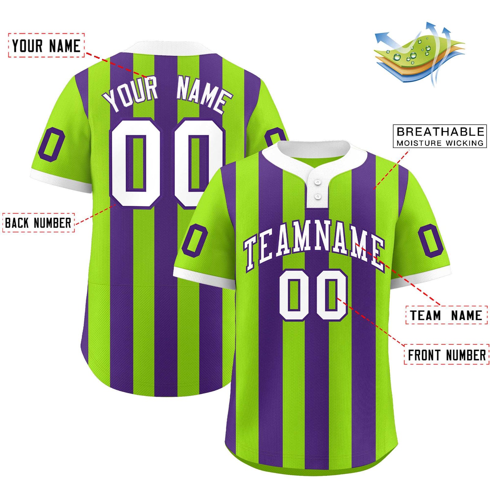 Custom Neon Green Purple Stripe Fashion Authentic Two-Button Softball Jersey