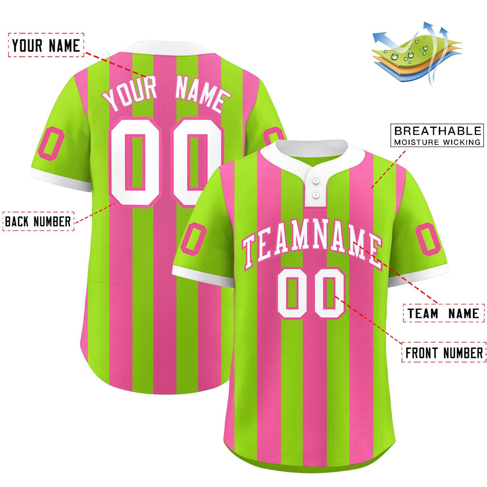 Custom Neon Green Pink Stripe Fashion Authentic Two-Button Softball Jersey