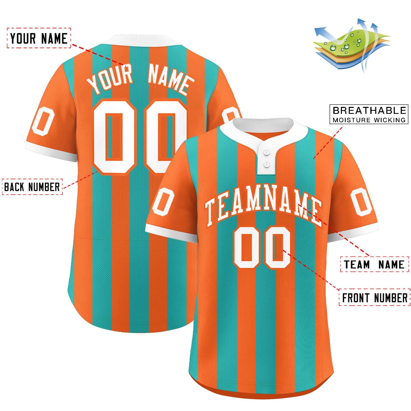 Custom Orange Aqua Stripe Fashion Authentic Two-Button Softball Jersey