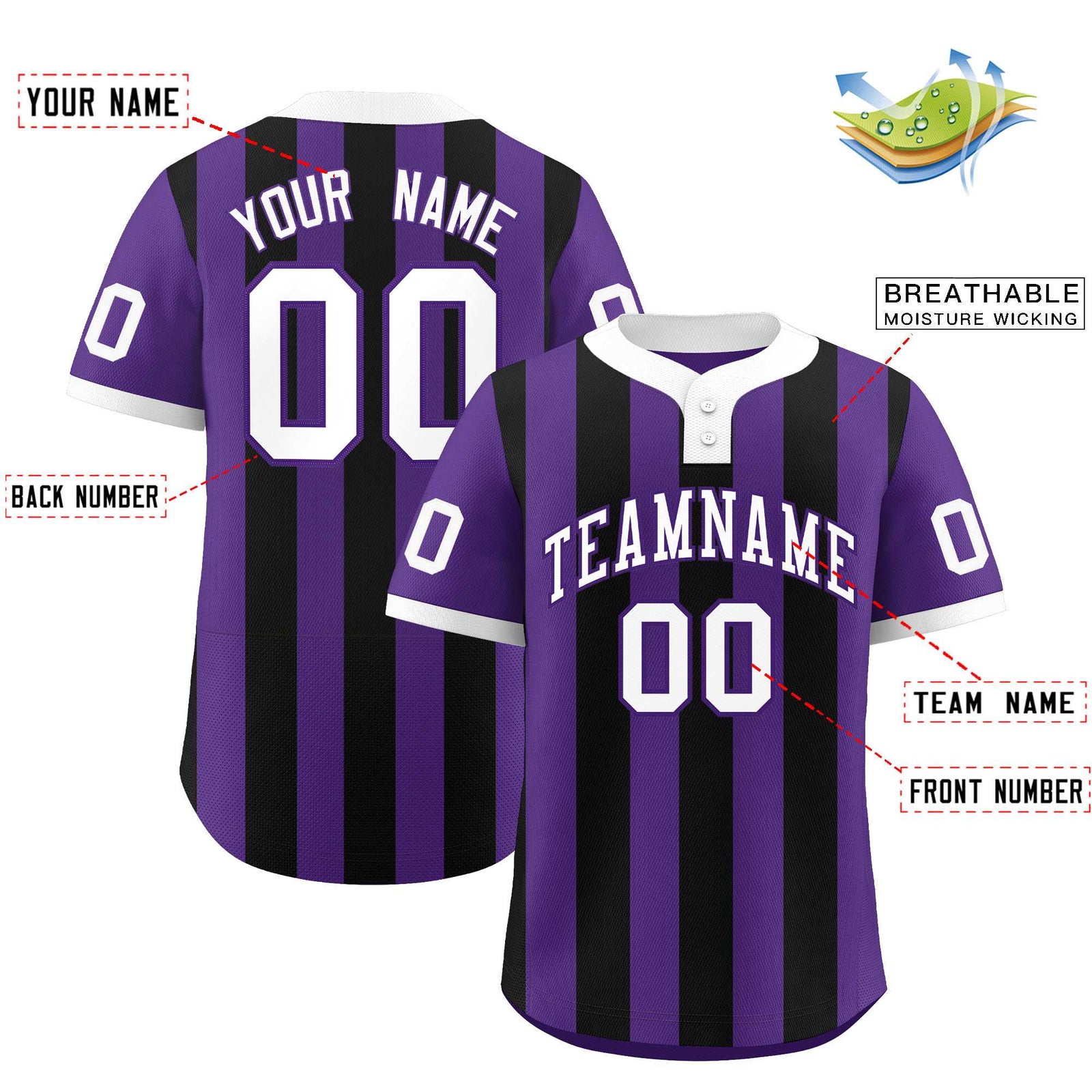Custom Purple Black Stripe Fashion Authentic Two-Button Softball Jersey