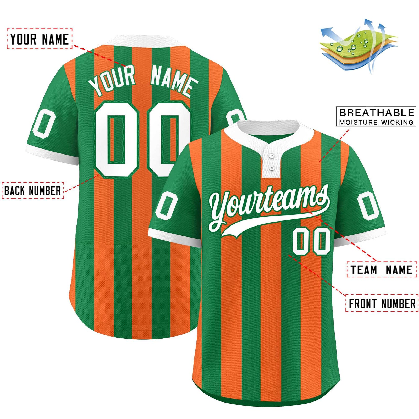 Custom Kelly Green Orange Stripe Fashion Authentic Two-Button Softball Jersey
