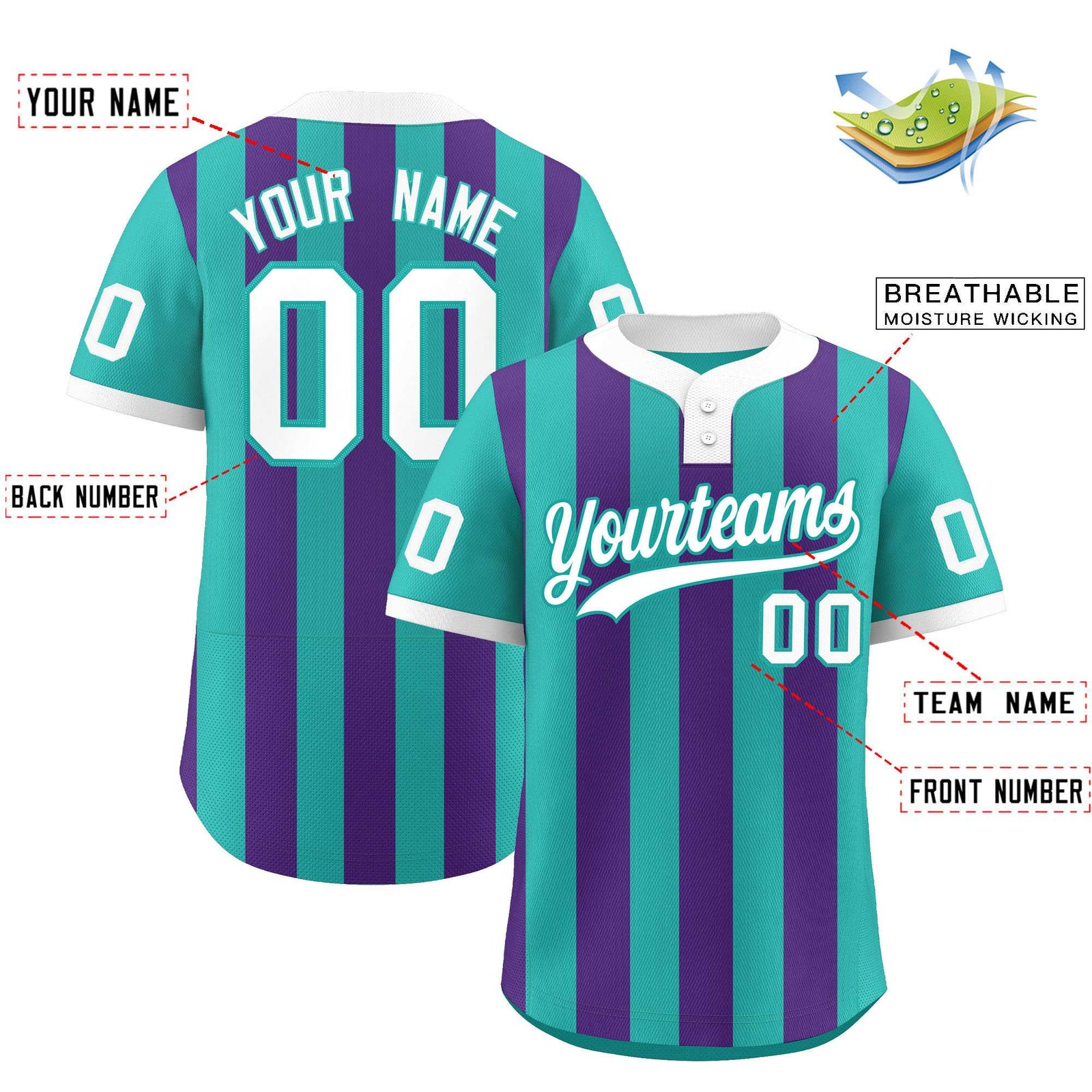 Custom Aqua Purple Stripe Fashion Authentic Two-Button Softball Jersey