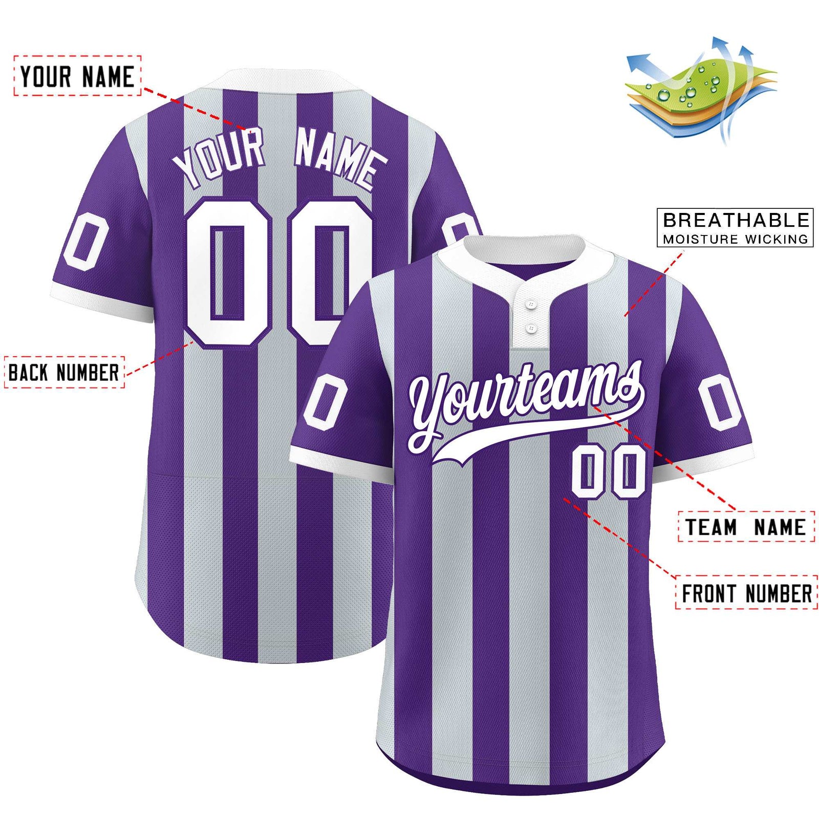 Custom Purple Silver Stripe Fashion Authentic Two-Button Softball Jersey
