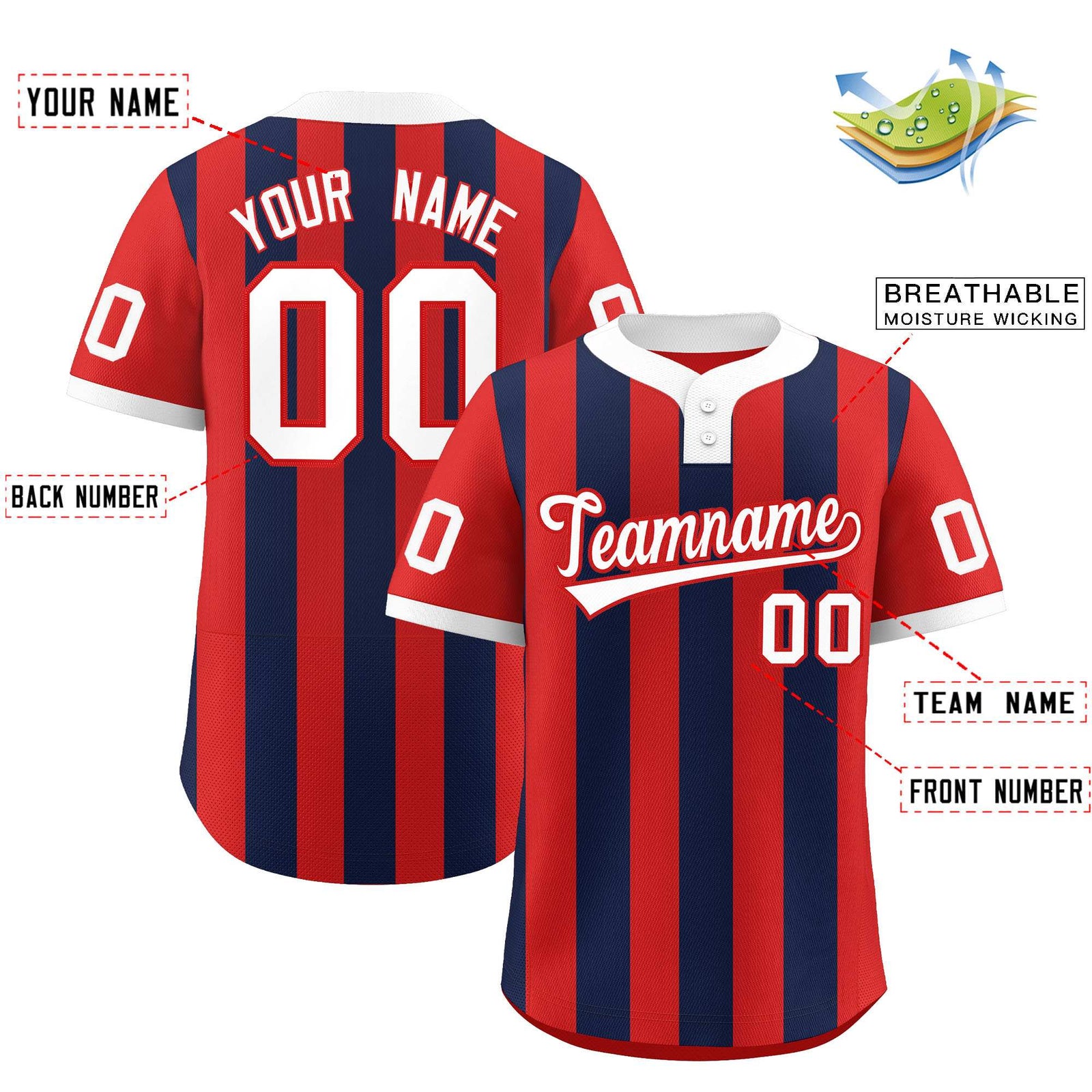 Custom Red Navy Stripe Fashion Authentic Two-Button Softball Jersey
