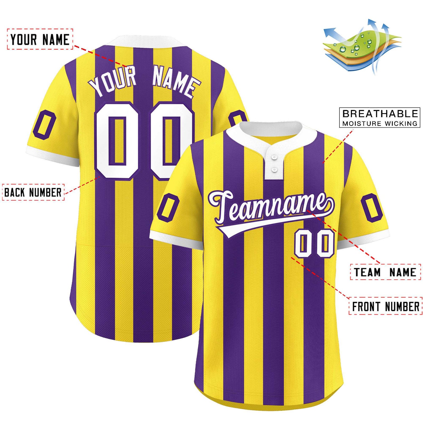 Custom Gold Purple Stripe Fashion Authentic Two-Button Softball Jersey