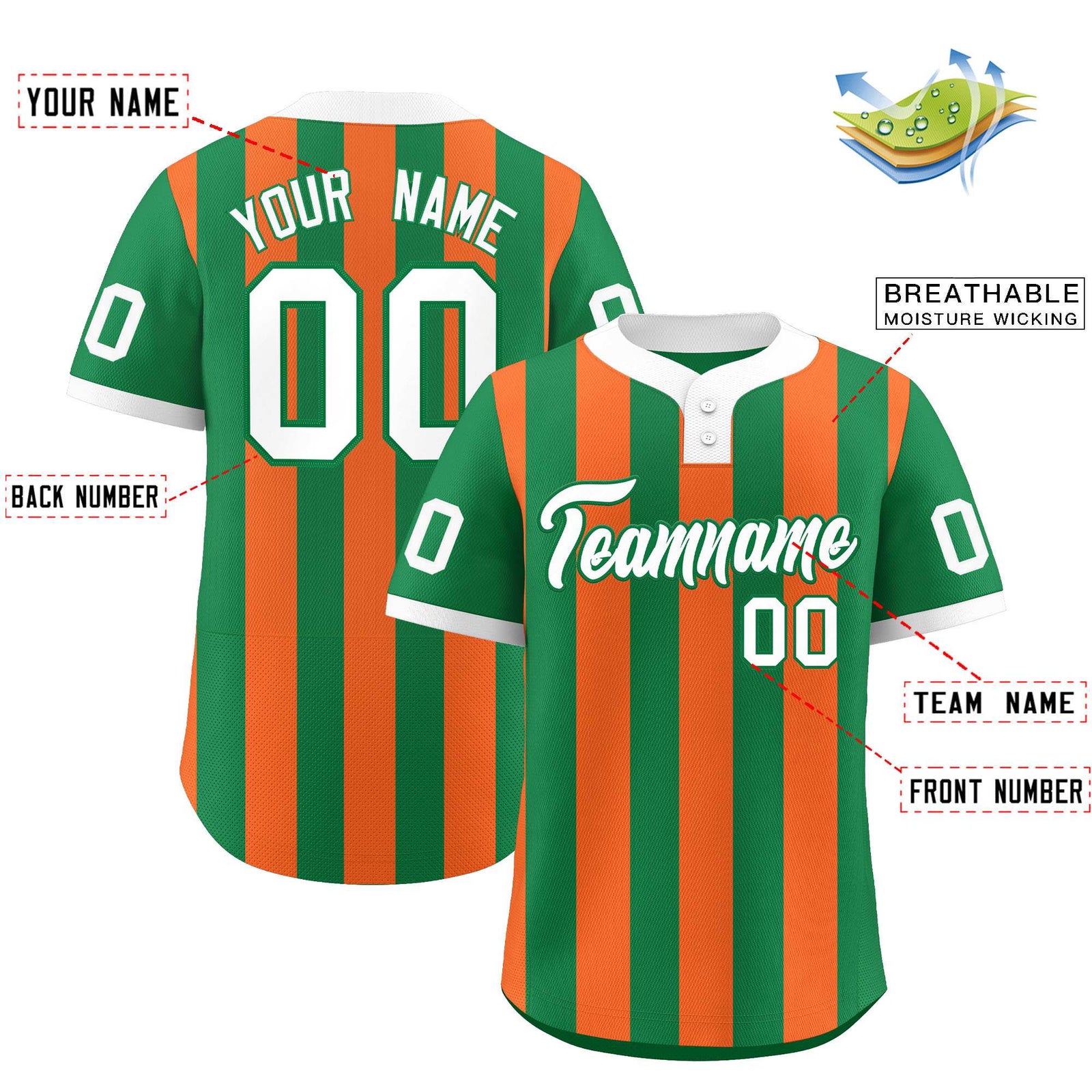 Custom Kelly Green Orange Stripe Fashion Authentic Two-Button Softball Jersey