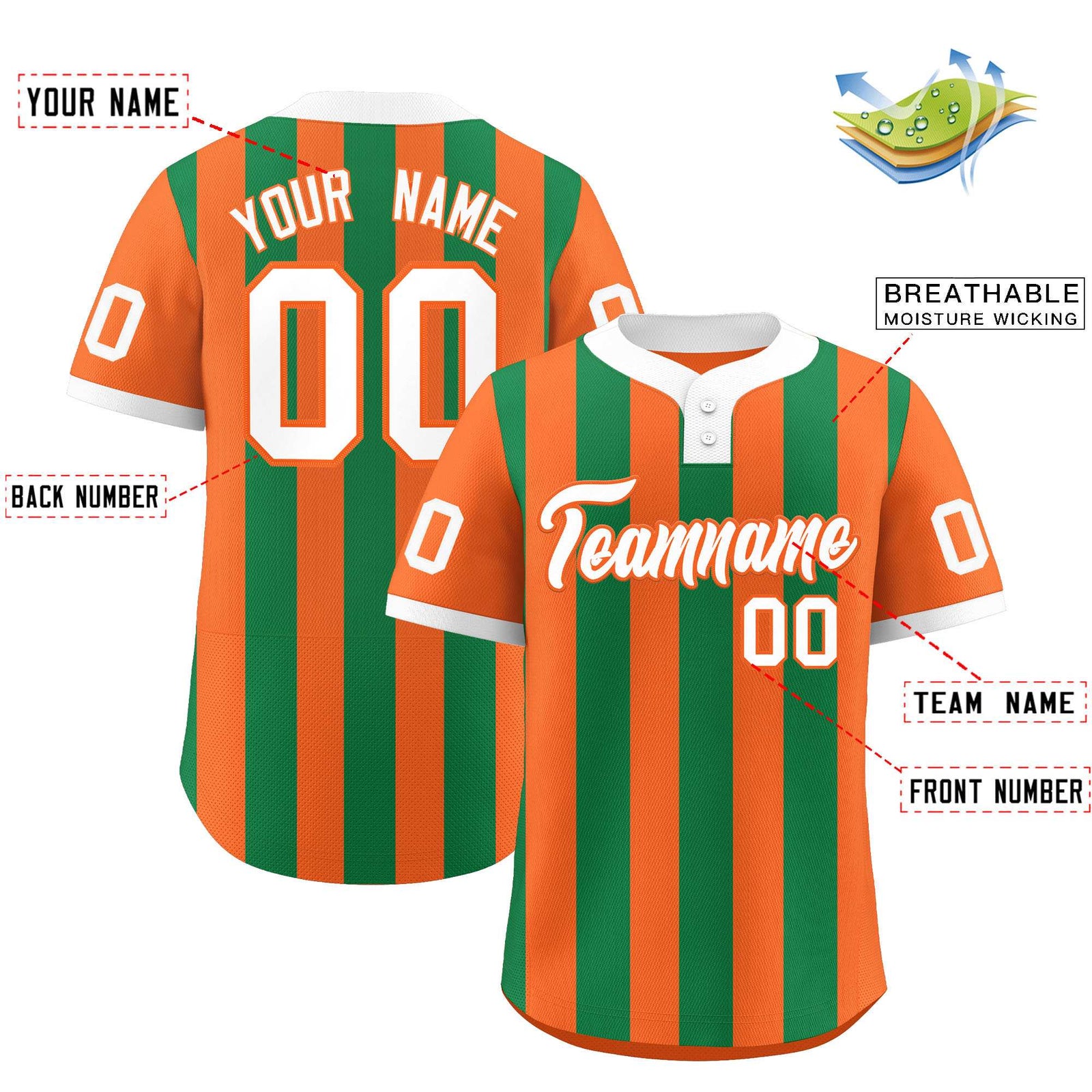Custom Orange Kelly Green Stripe Fashion Authentic Two-Button Softball Jersey