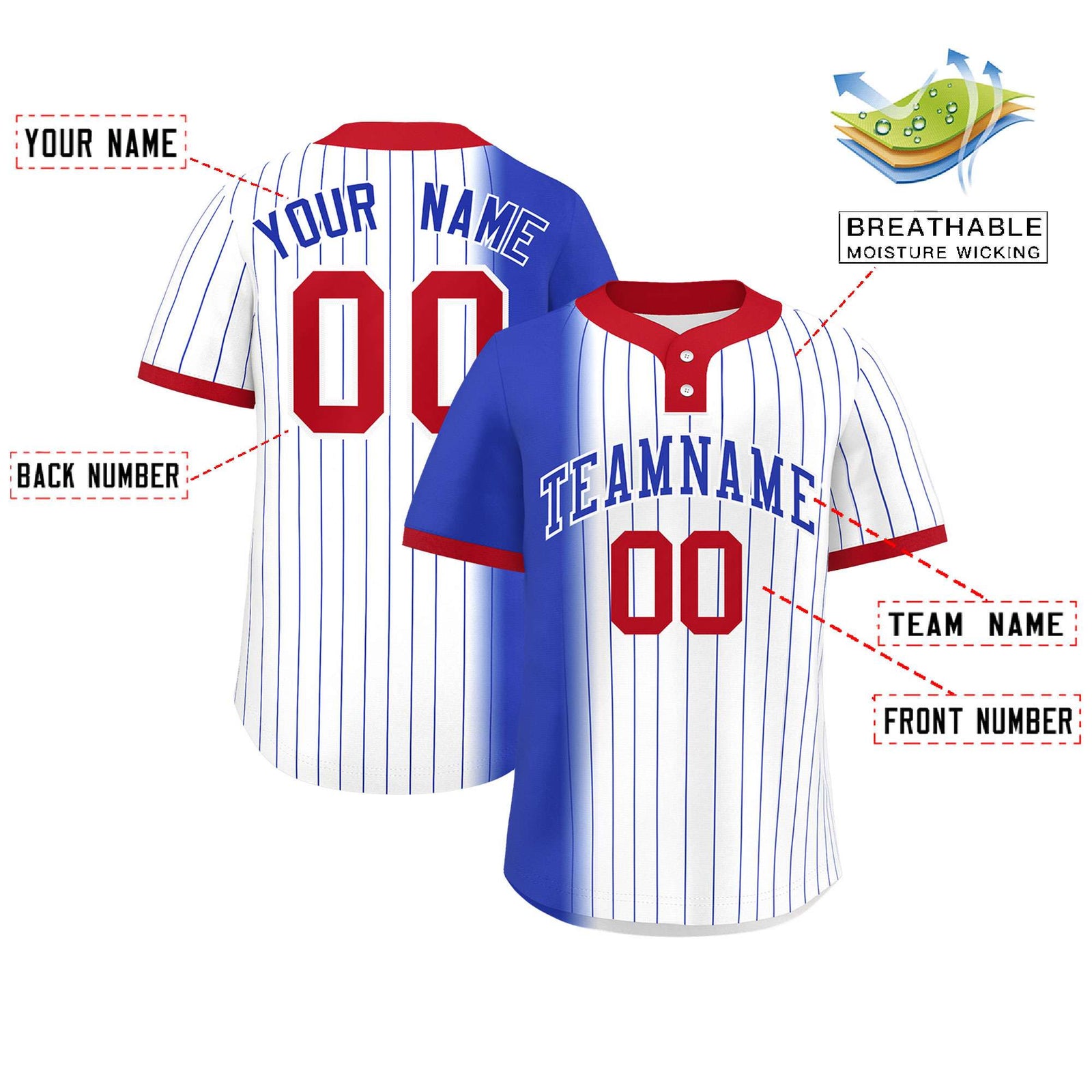 Custom Royal White-Red Gradient Stripe Fashion Authentic Two-Button Softball Jersey