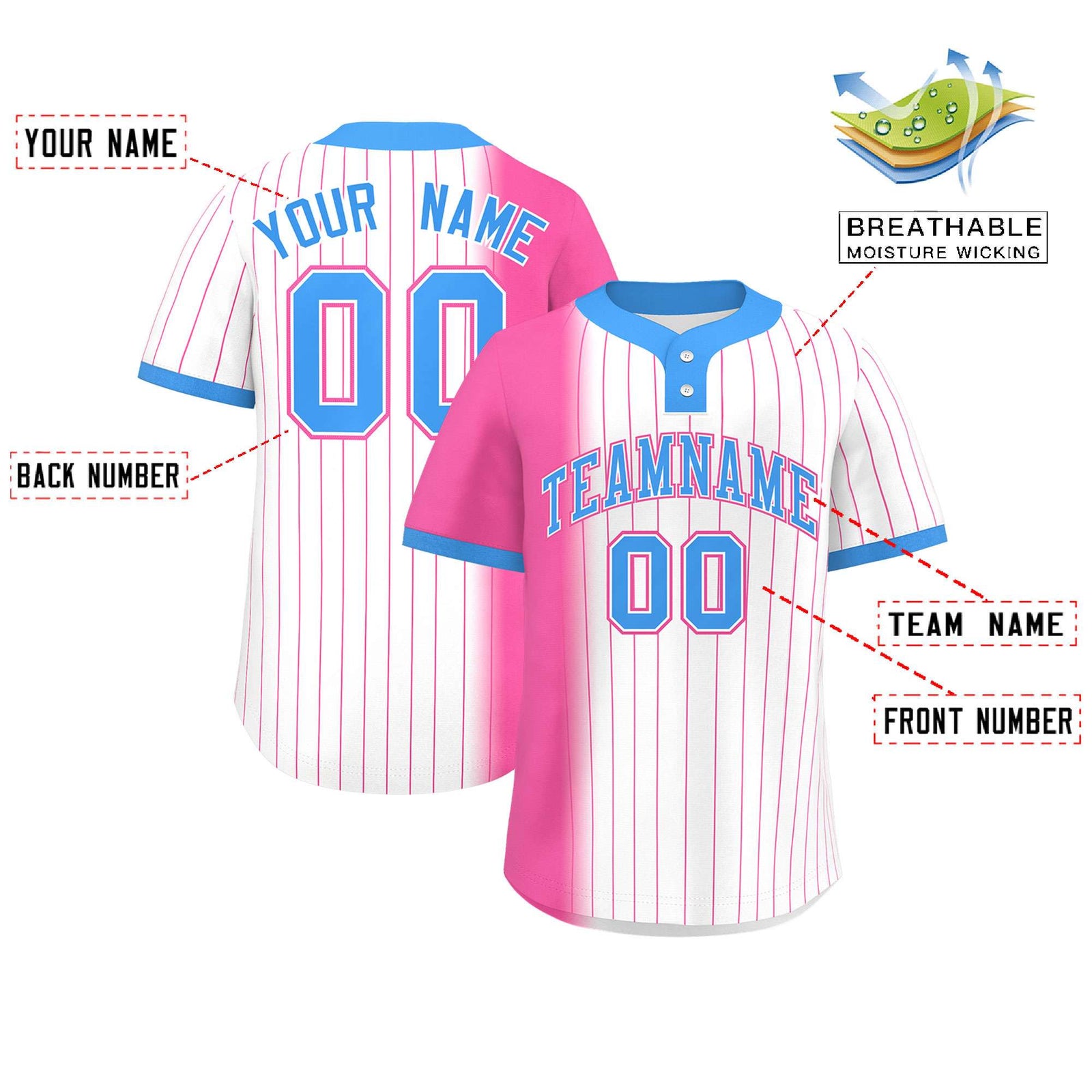 Custom Pink White-Powder Blue Gradient Stripe Fashion Authentic Two-Button Softball Jersey
