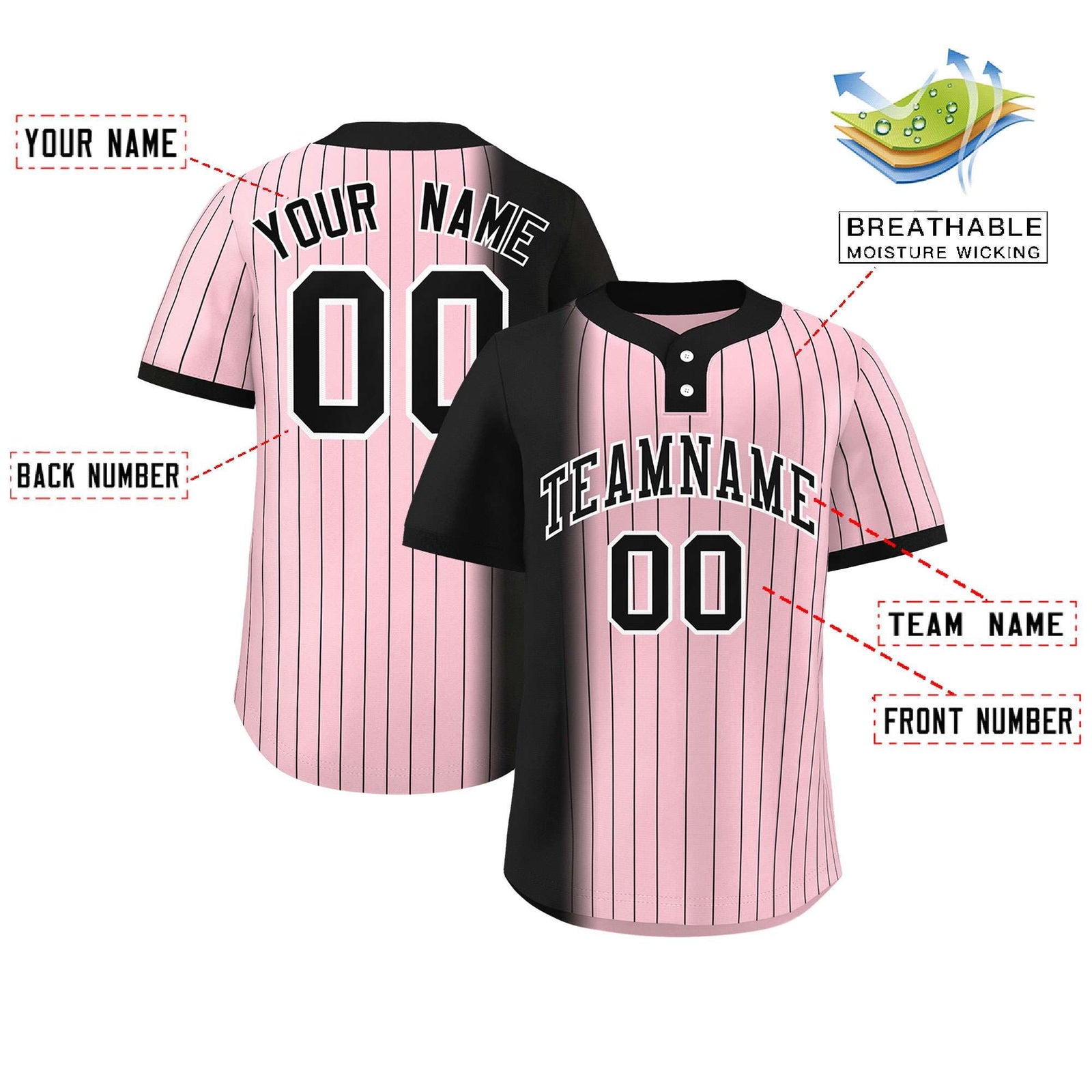 Custom Black Light Pink Gradient Stripe Fashion Authentic Two-Button Softball Jersey
