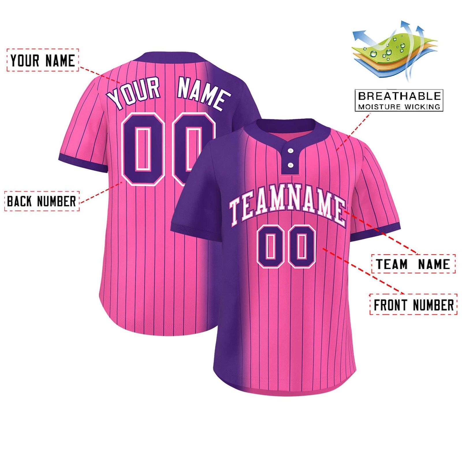 Custom Purple Pink Gradient Stripe Fashion Authentic Two-Button Softball Jersey