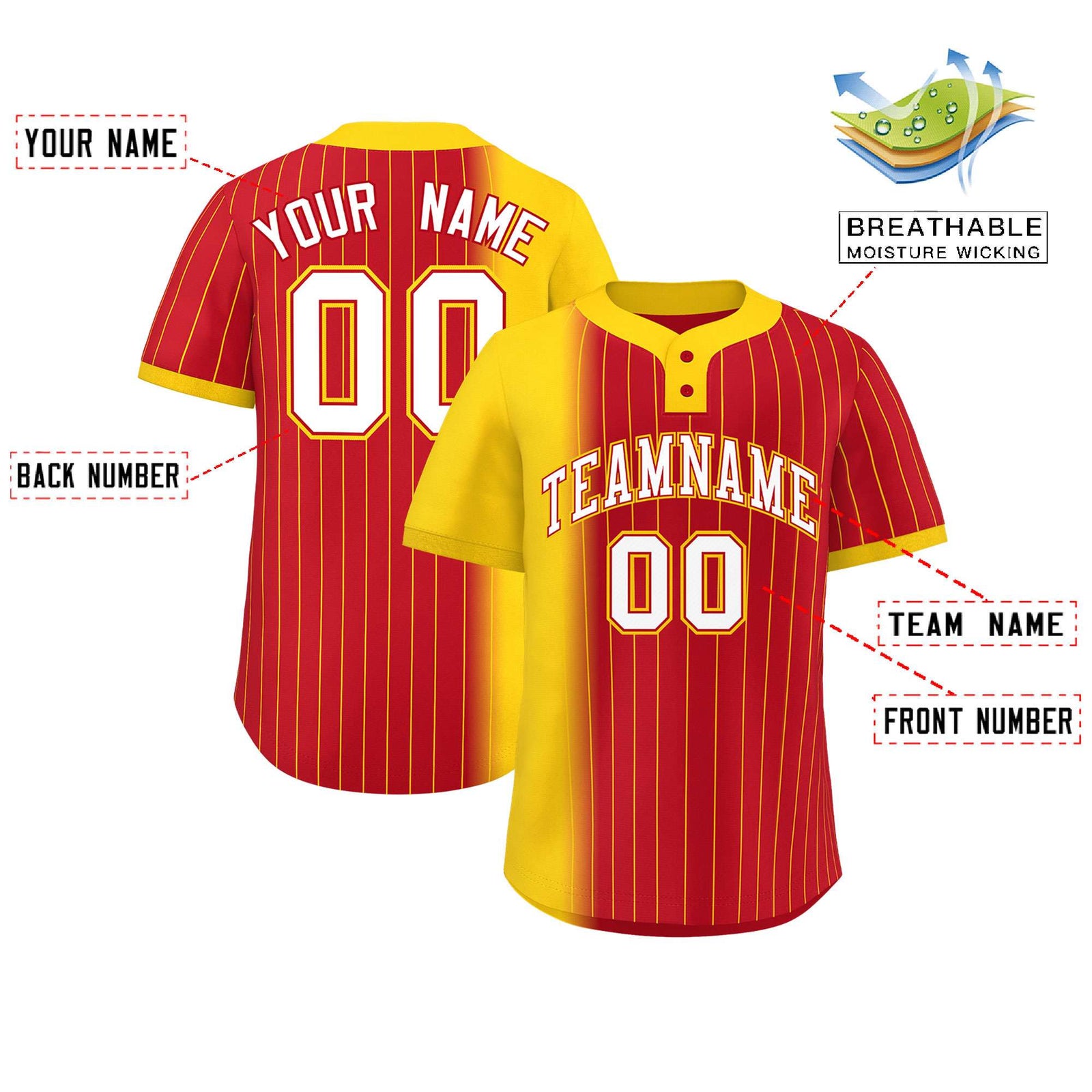 Custom Gold Red Gradient Stripe Fashion Authentic Two-Button Softball Jersey