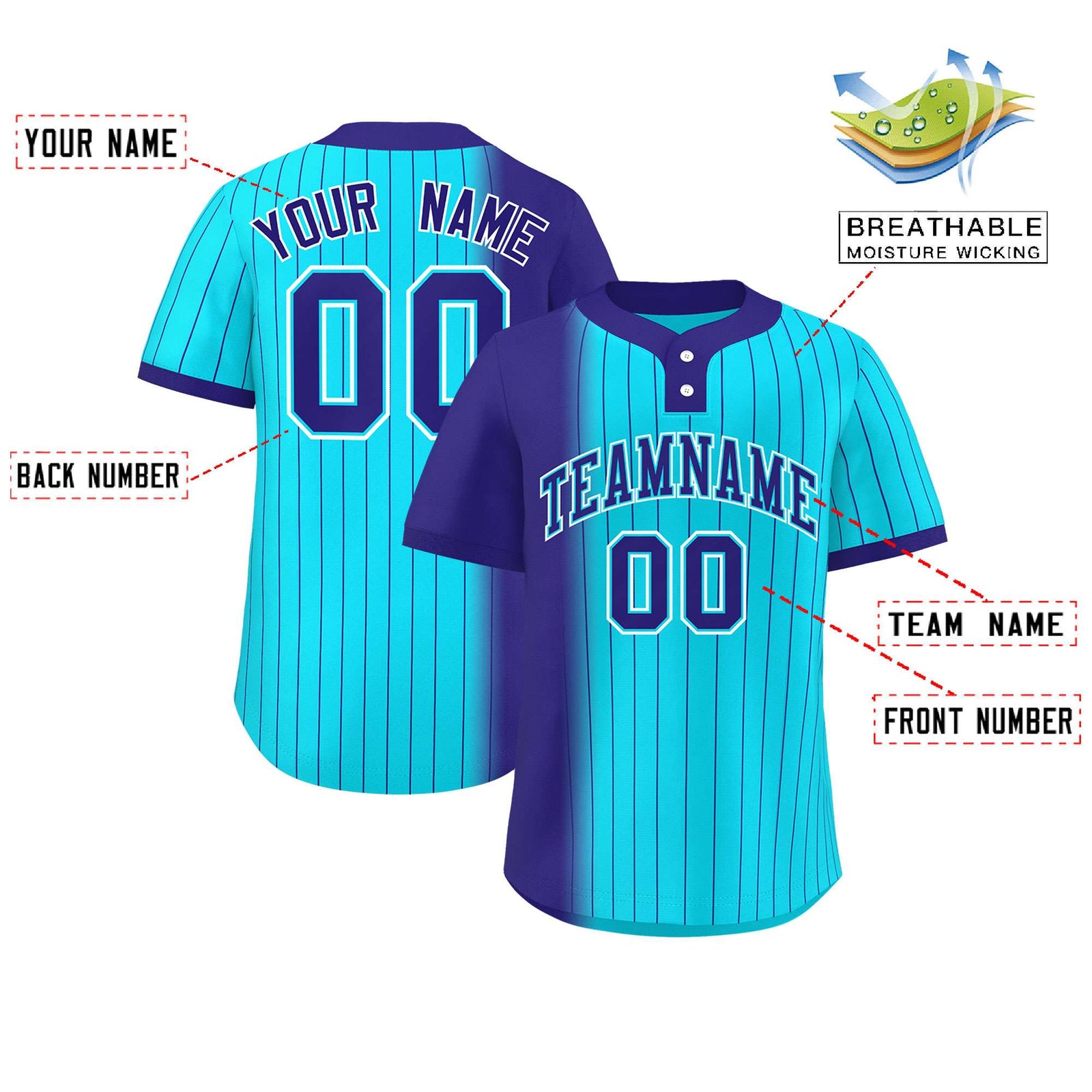 Custom Violet Sky Blue Gradient Stripe Fashion Authentic Two-Button Softball Jersey