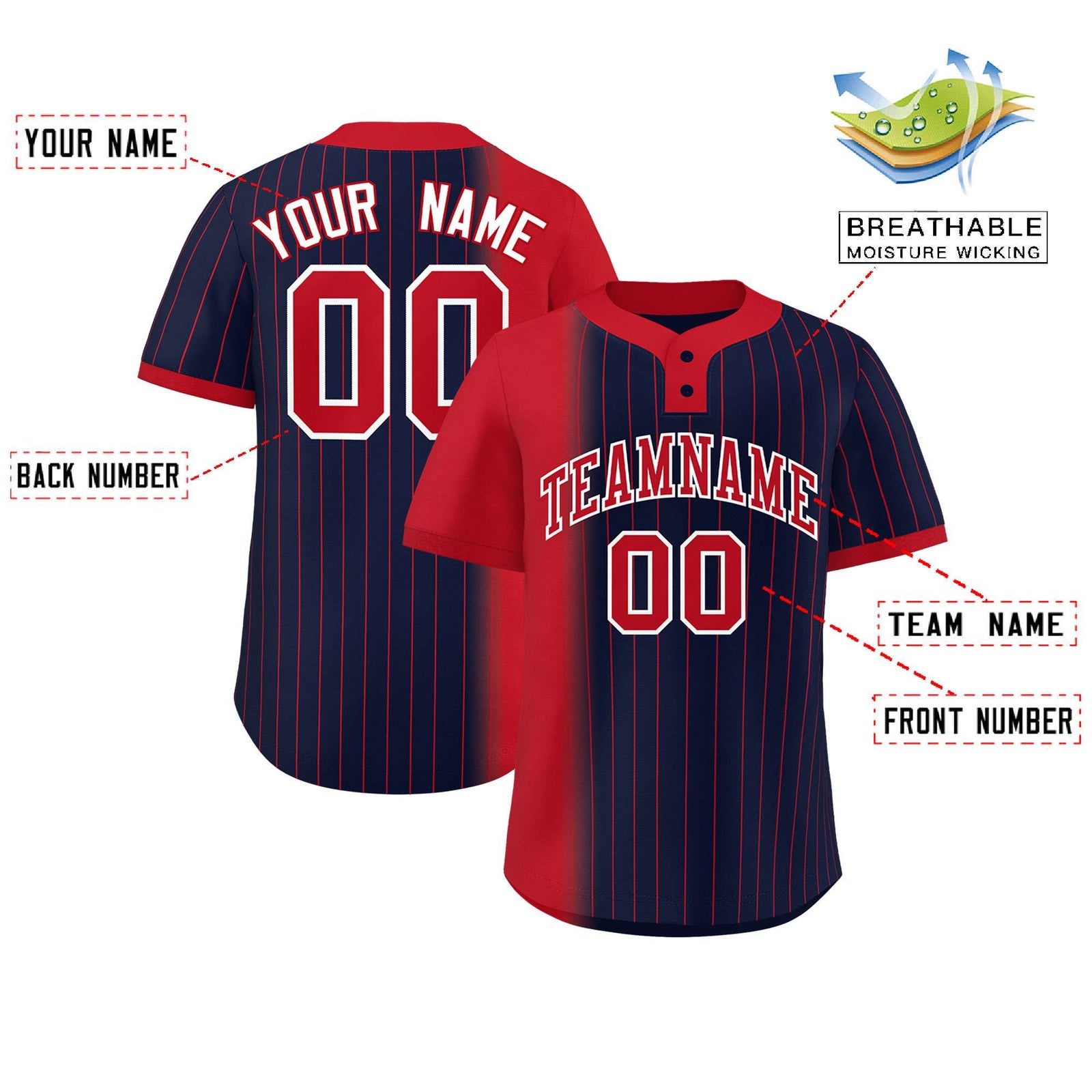 Custom Red Navy Gradient Stripe Fashion Authentic Two-Button Softball Jersey