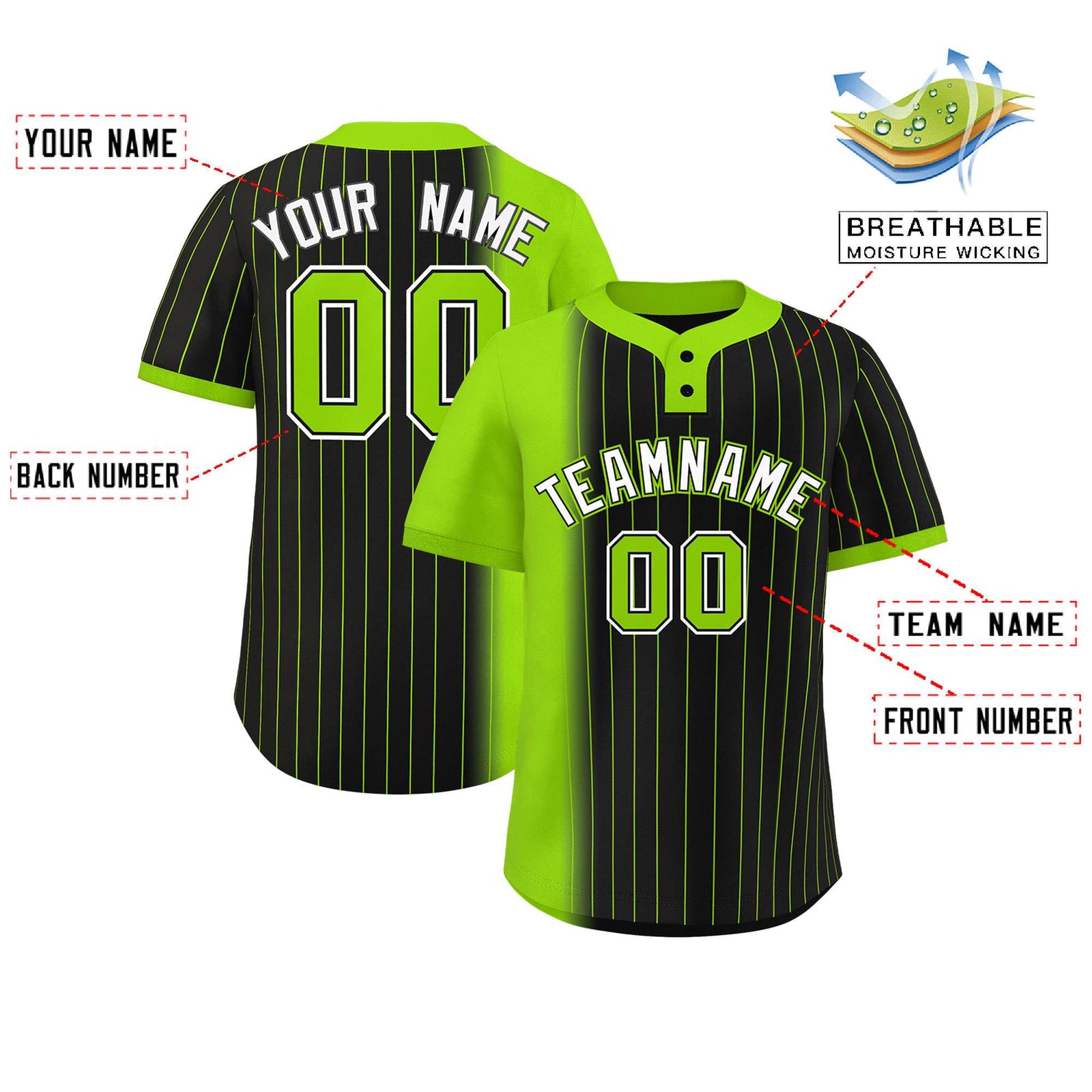 Custom Neon Green Black Gradient Stripe Fashion Authentic Two-Button Softball Jersey