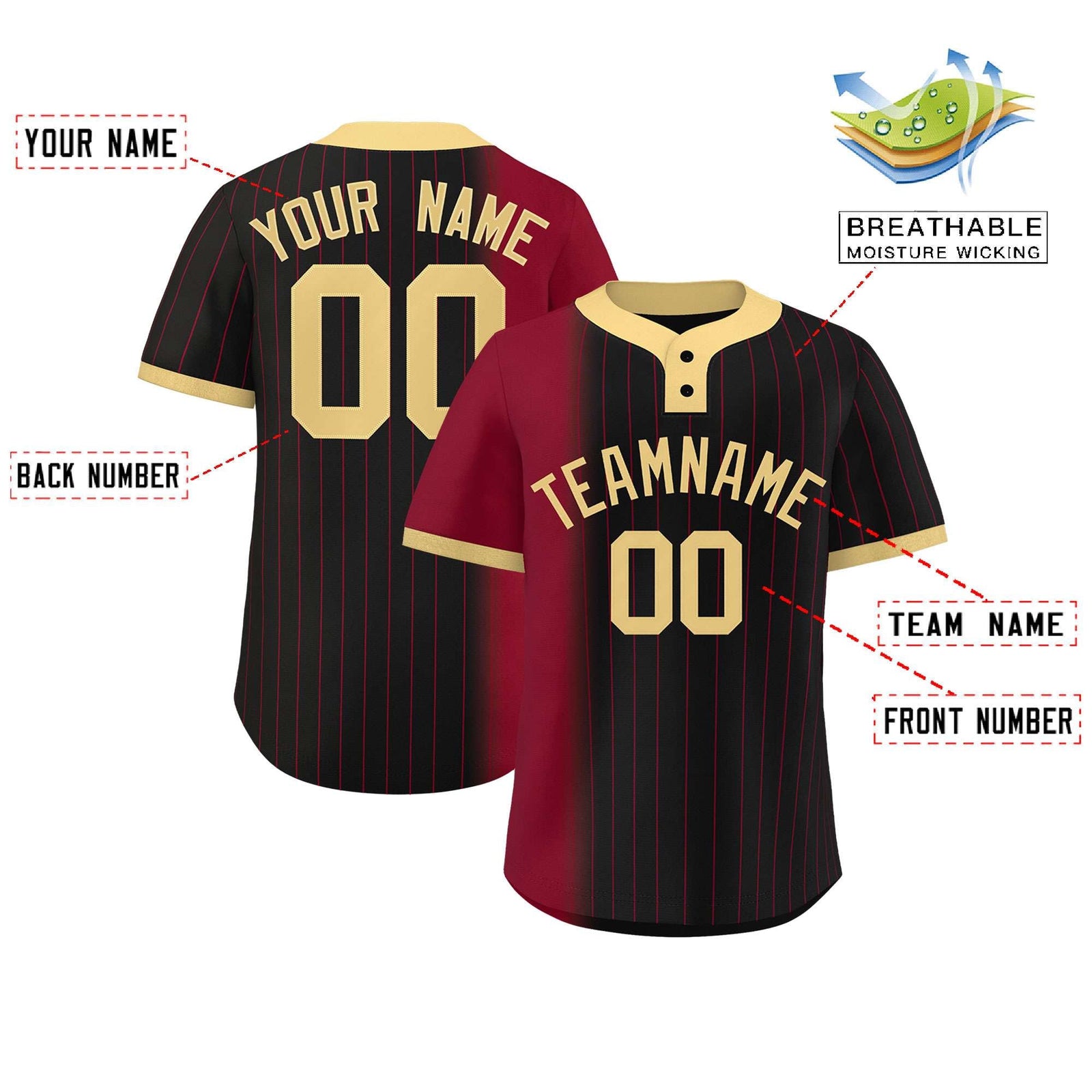 Custom Crimson Black-Khaki Gradient Stripe Fashion Authentic Two-Button Softball Jersey