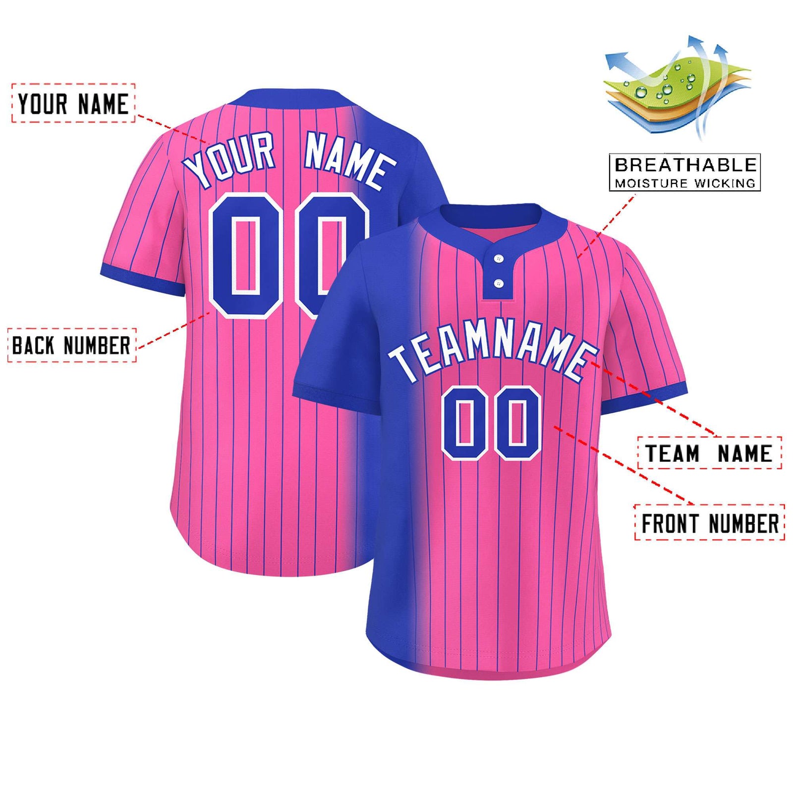 Custom Royal Pink Gradient Stripe Fashion Authentic Two-Button Softball Jersey