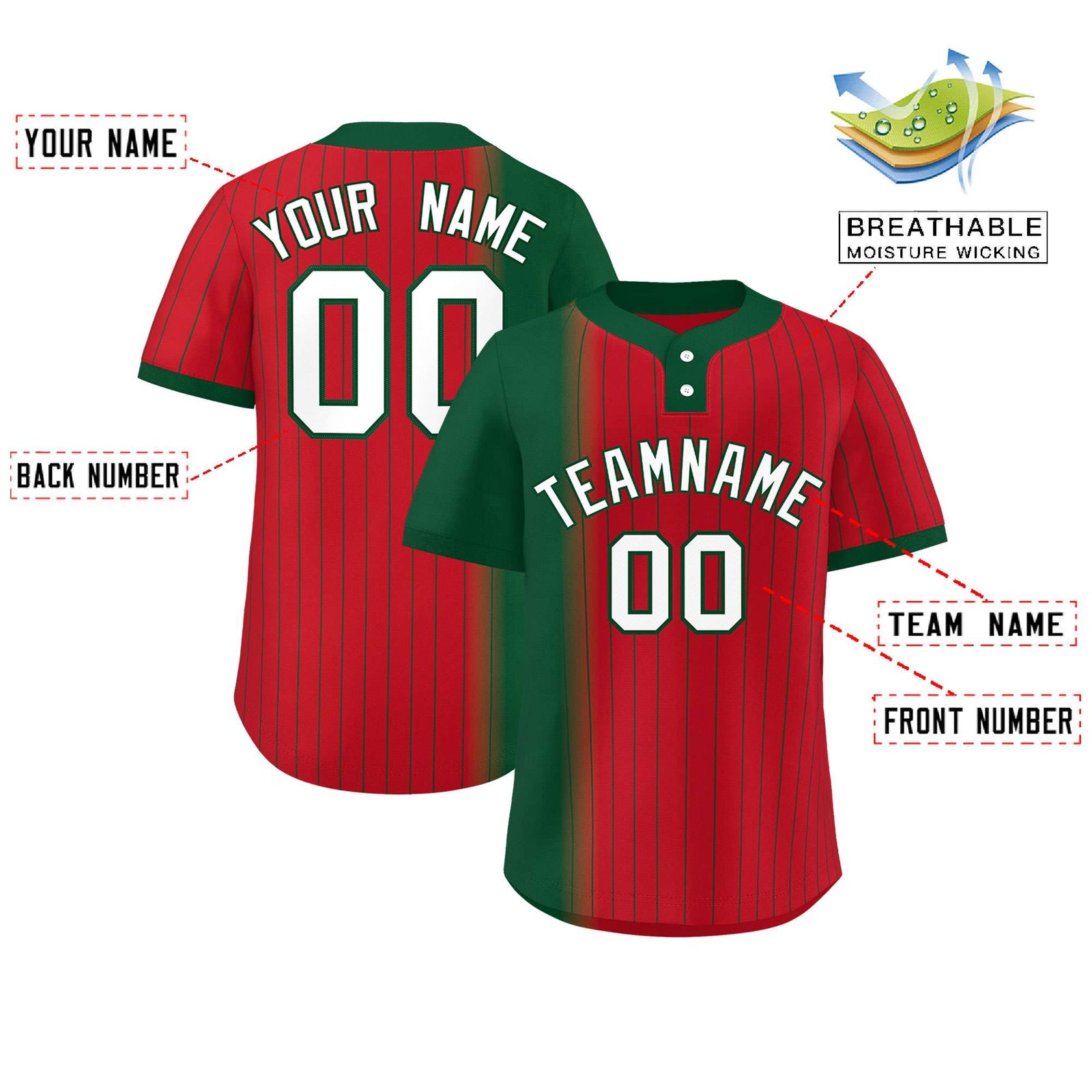 Custom Green Red Gradient Stripe Fashion Authentic Two-Button Softball Jersey