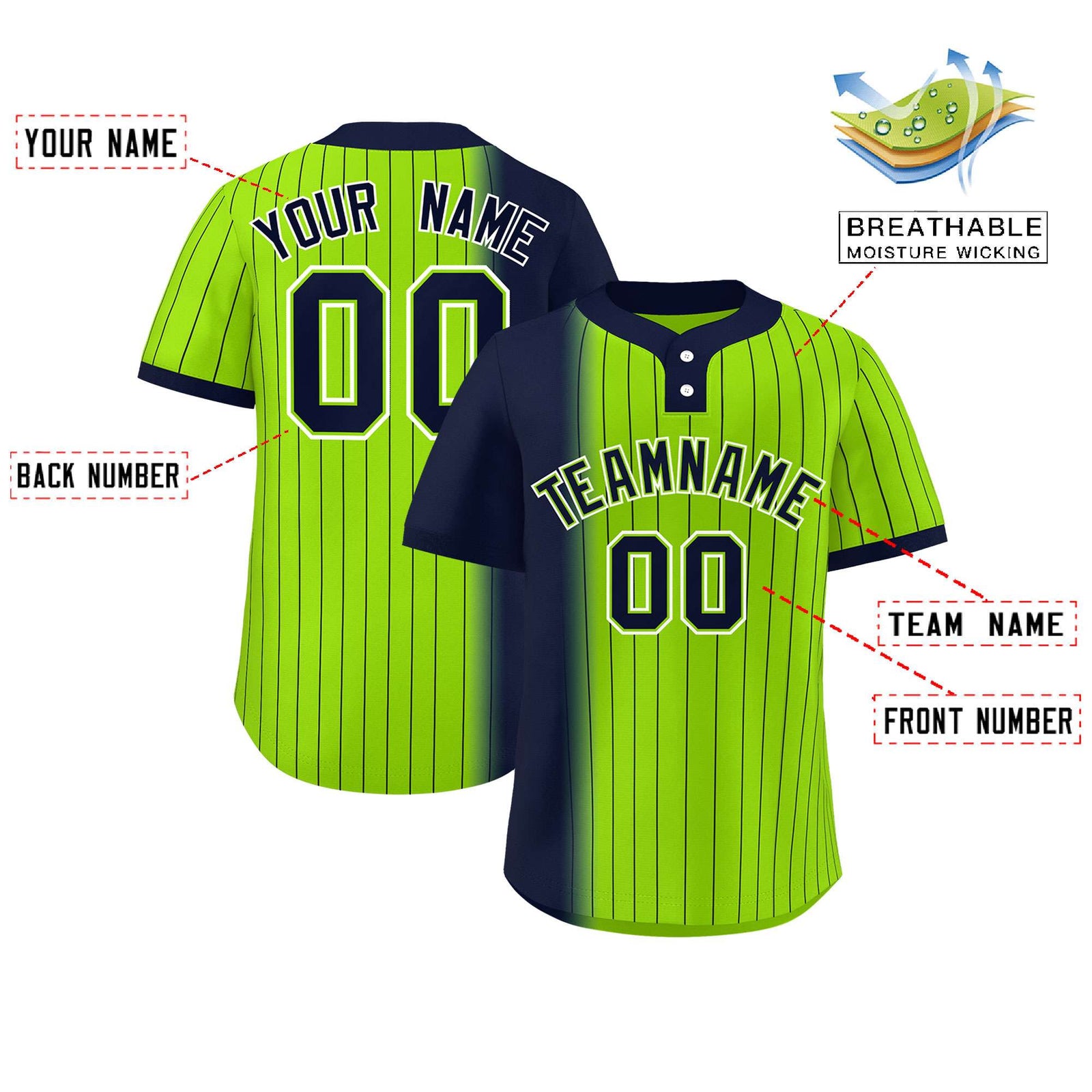 Custom Navy Neon Green Gradient Stripe Fashion Authentic Two-Button Softball Jersey