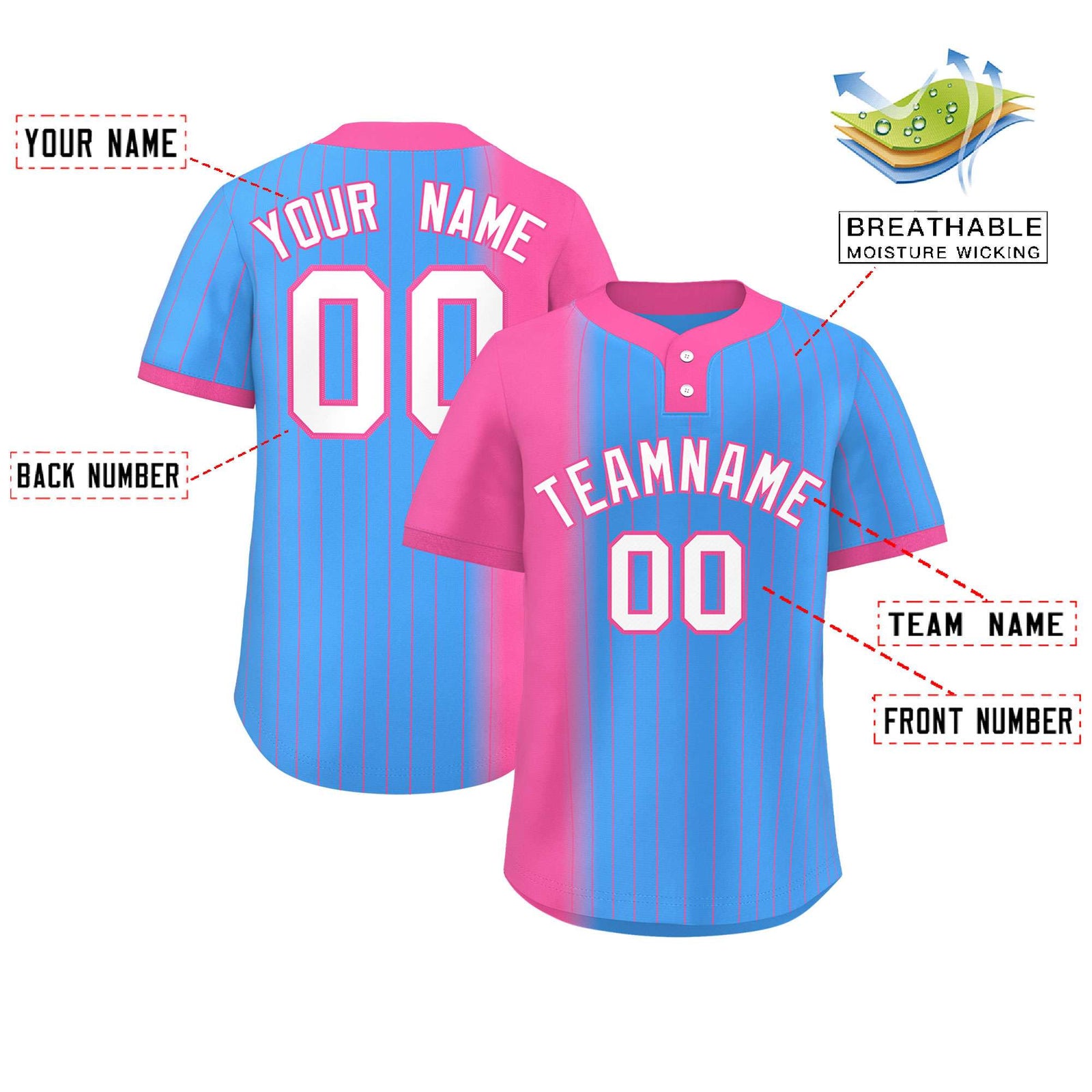 Custom Pink Powder Blue Gradient Stripe Fashion Authentic Two-Button Softball Jersey