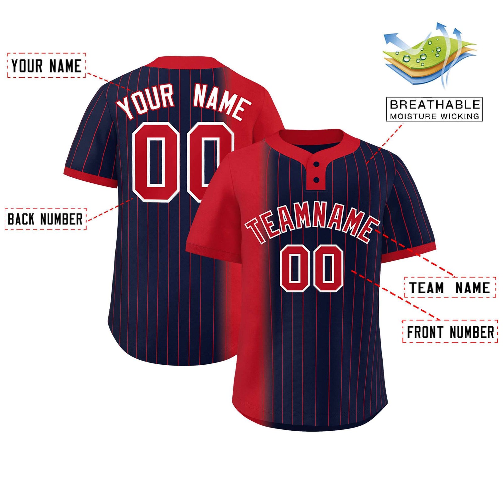 Custom Red Navy Gradient Stripe Fashion Authentic Two-Button Softball Jersey