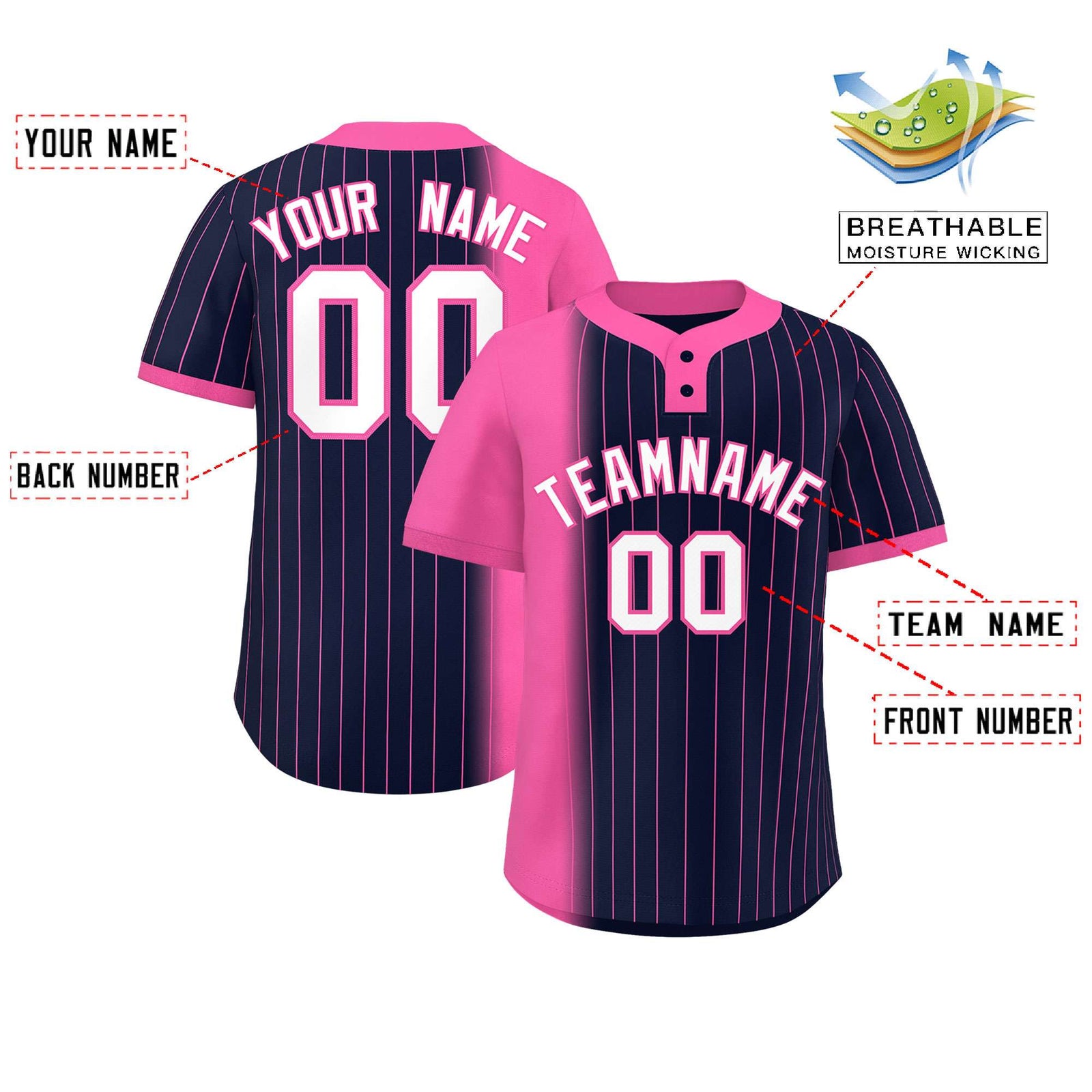 Custom Pink Navy Gradient Stripe Fashion Authentic Two-Button Softball Jersey
