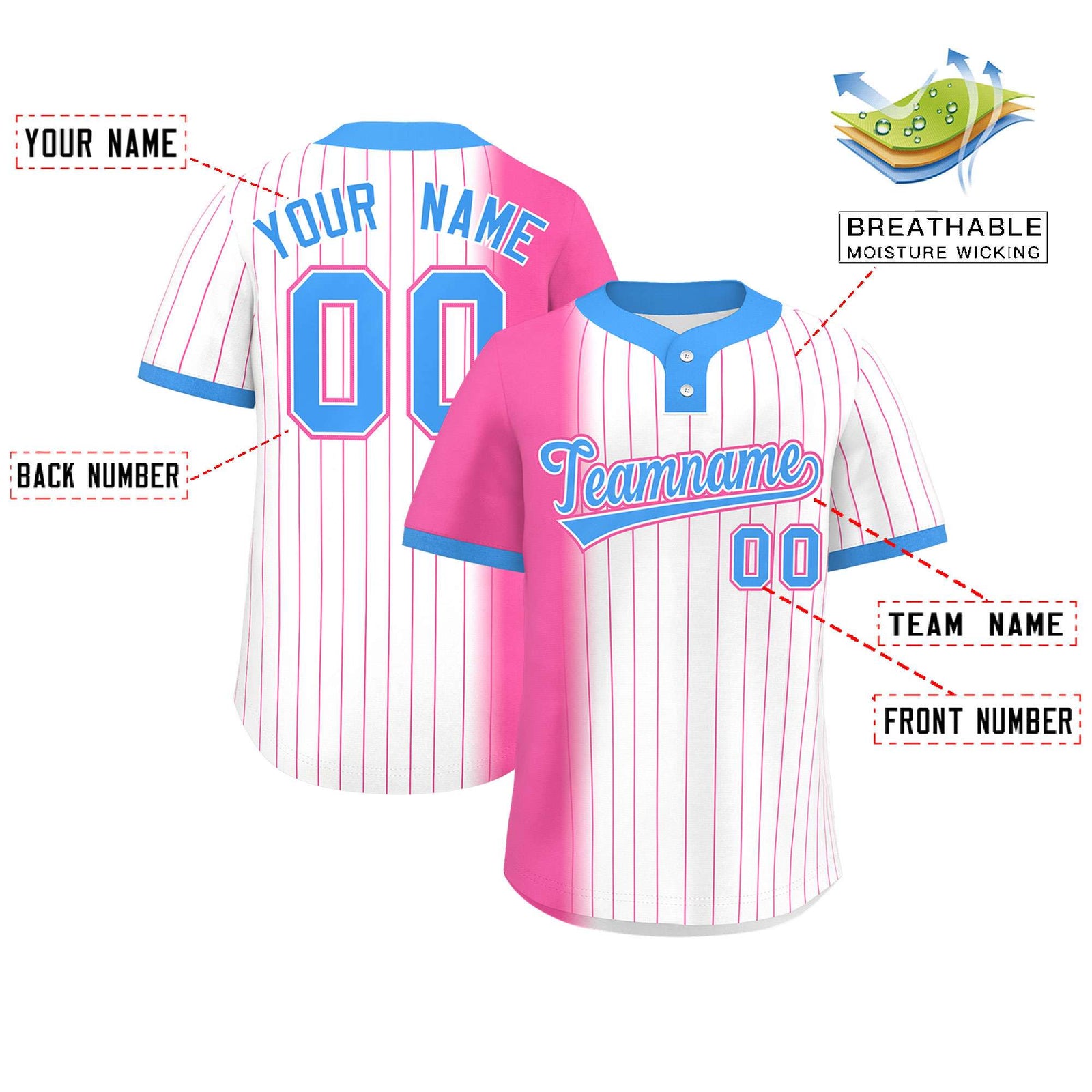 Custom Pink White-Powder Blue Gradient Stripe Fashion Authentic Two-Button Softball Jersey
