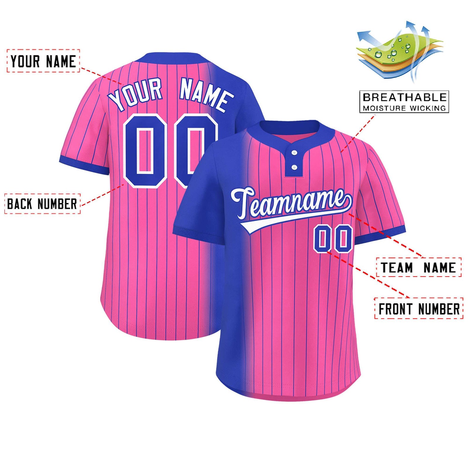 Custom Royal Pink Gradient Stripe Fashion Authentic Two-Button Softball Jersey