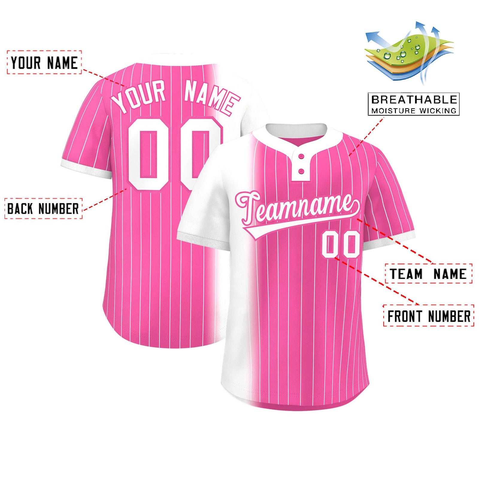 Custom White Pink Gradient Stripe Fashion Authentic Two-Button Softball Jersey