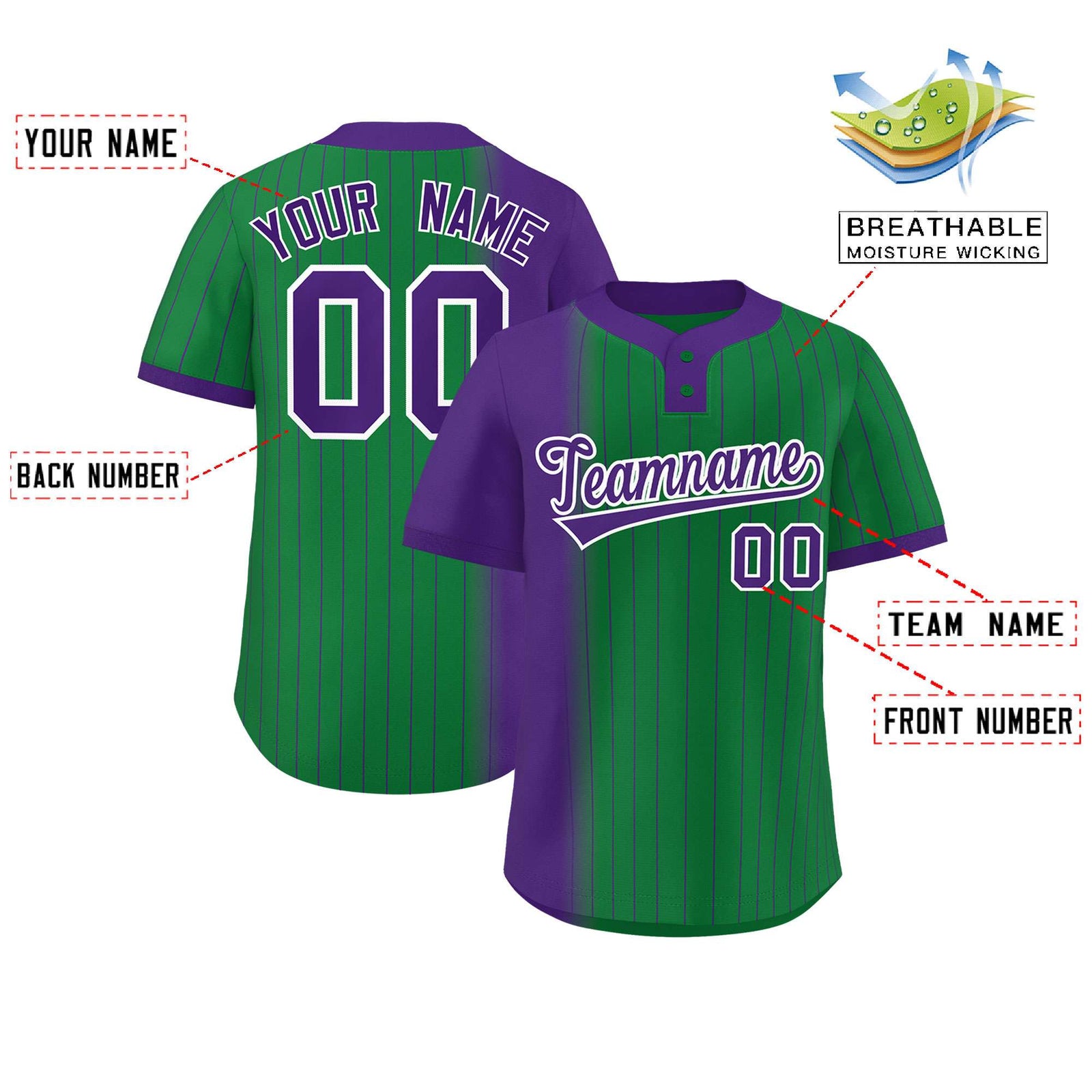 Custom Purple Kelly Green Gradient Stripe Fashion Authentic Two-Button Softball Jersey