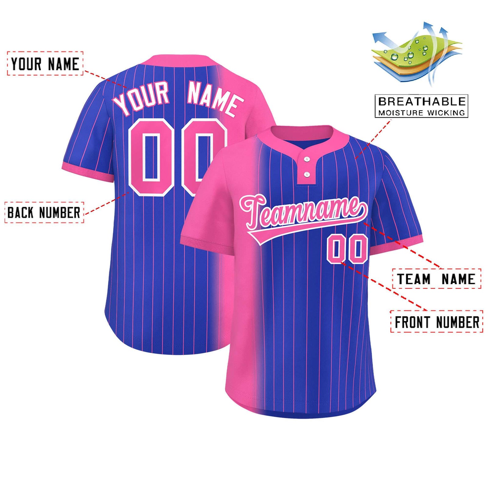 Custom Pink Royal Gradient Stripe Fashion Authentic Two-Button Softball Jersey