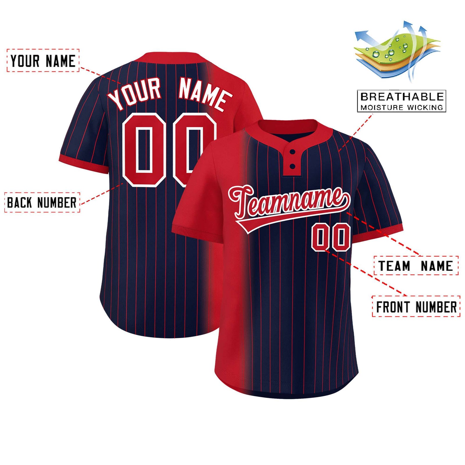 Custom Red Navy Gradient Stripe Fashion Authentic Two-Button Softball Jersey