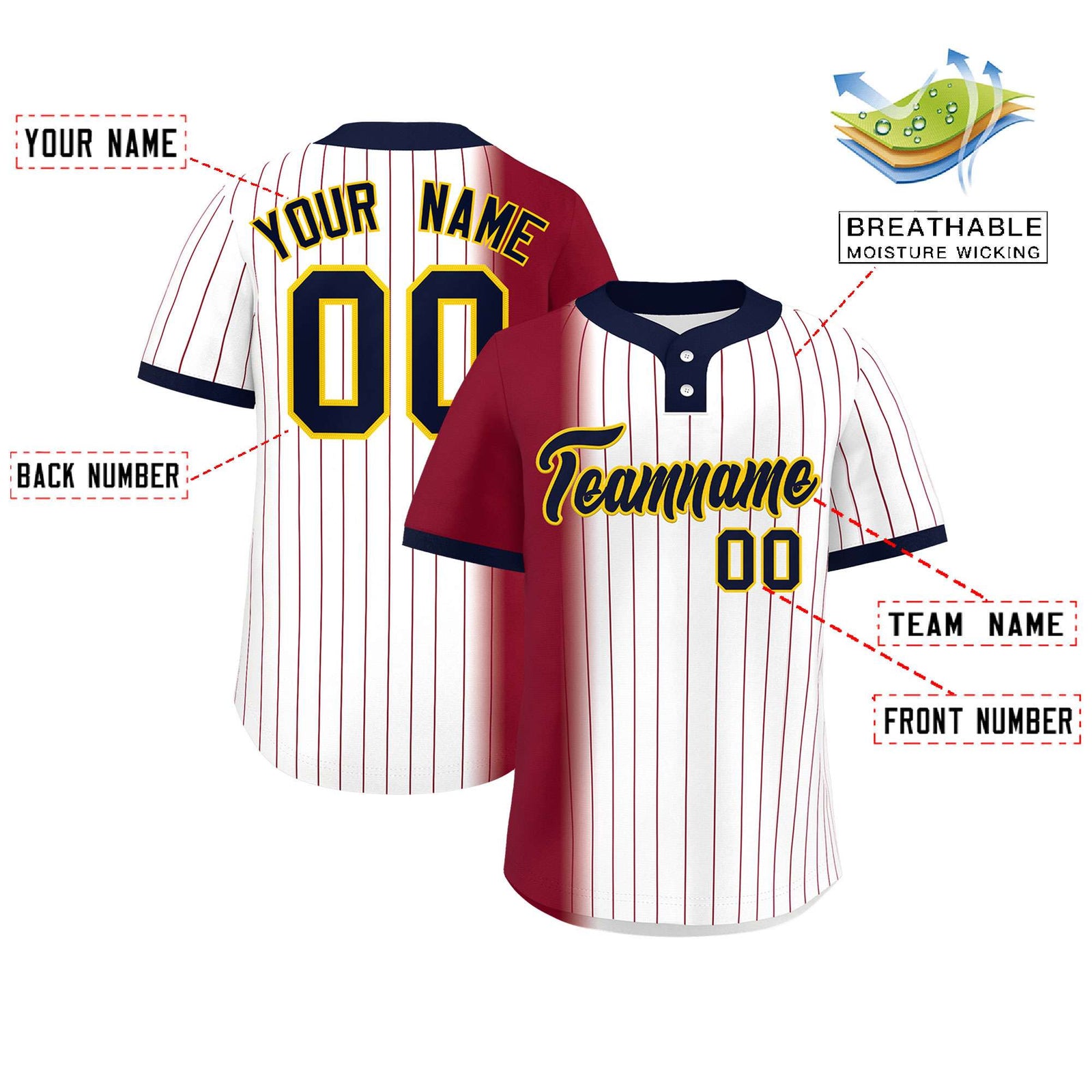 Custom Crimson White-Navy Gradient Stripe Fashion Authentic Two-Button Softball Jersey