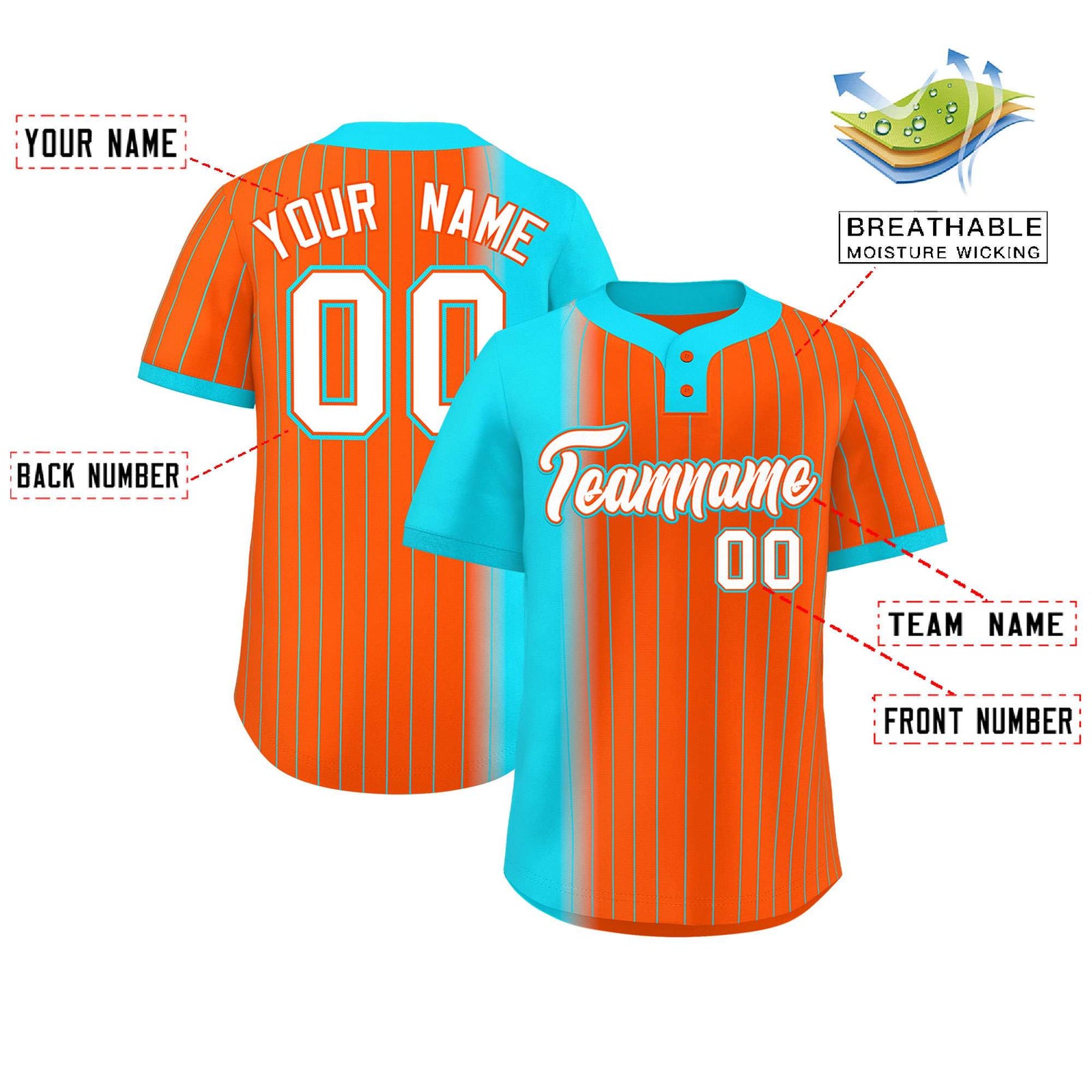 Custom Sky Blue Orange Gradient Stripe Fashion Authentic Two-Button Softball Jersey