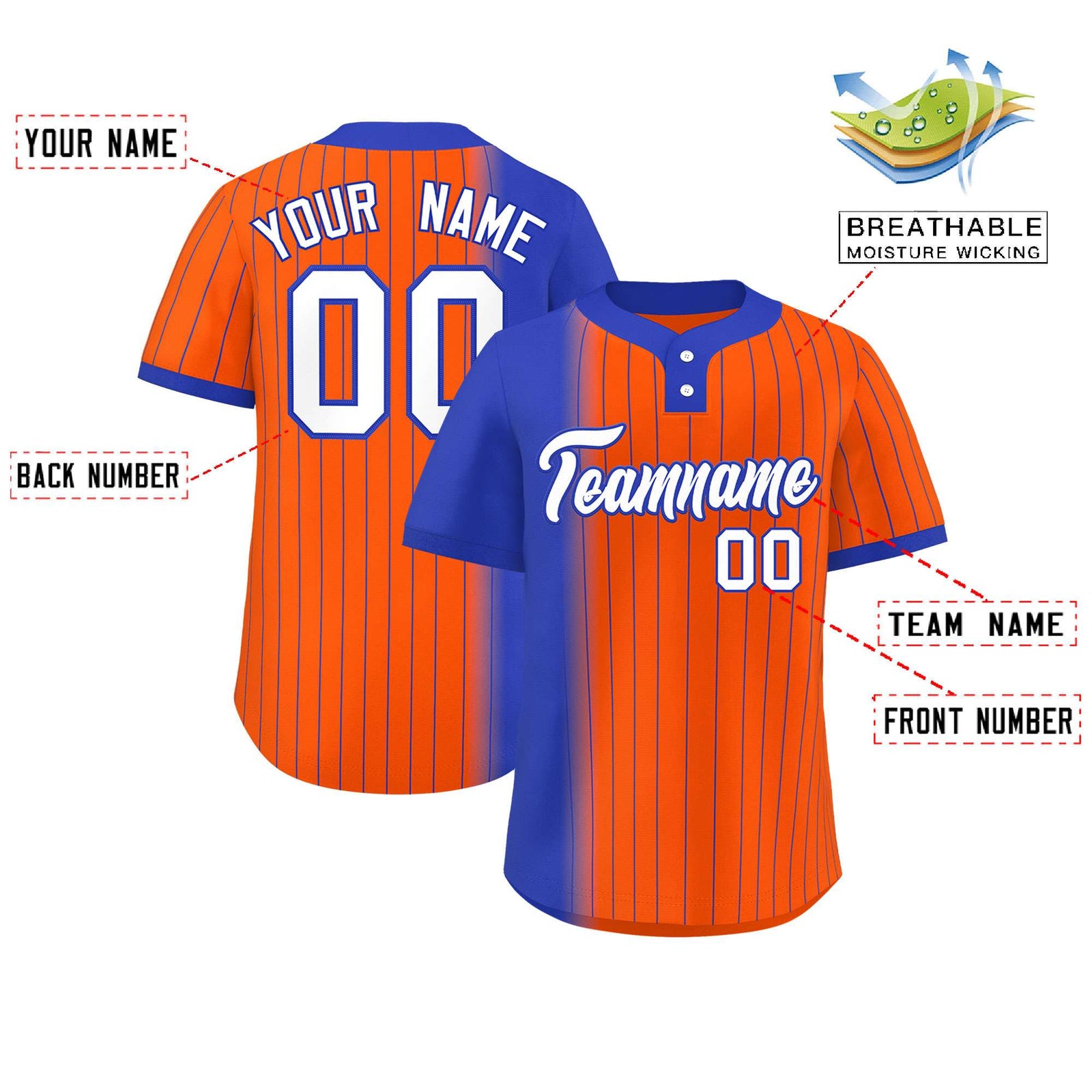 Custom Royal Orange Gradient Stripe Fashion Authentic Two-Button Softball Jersey