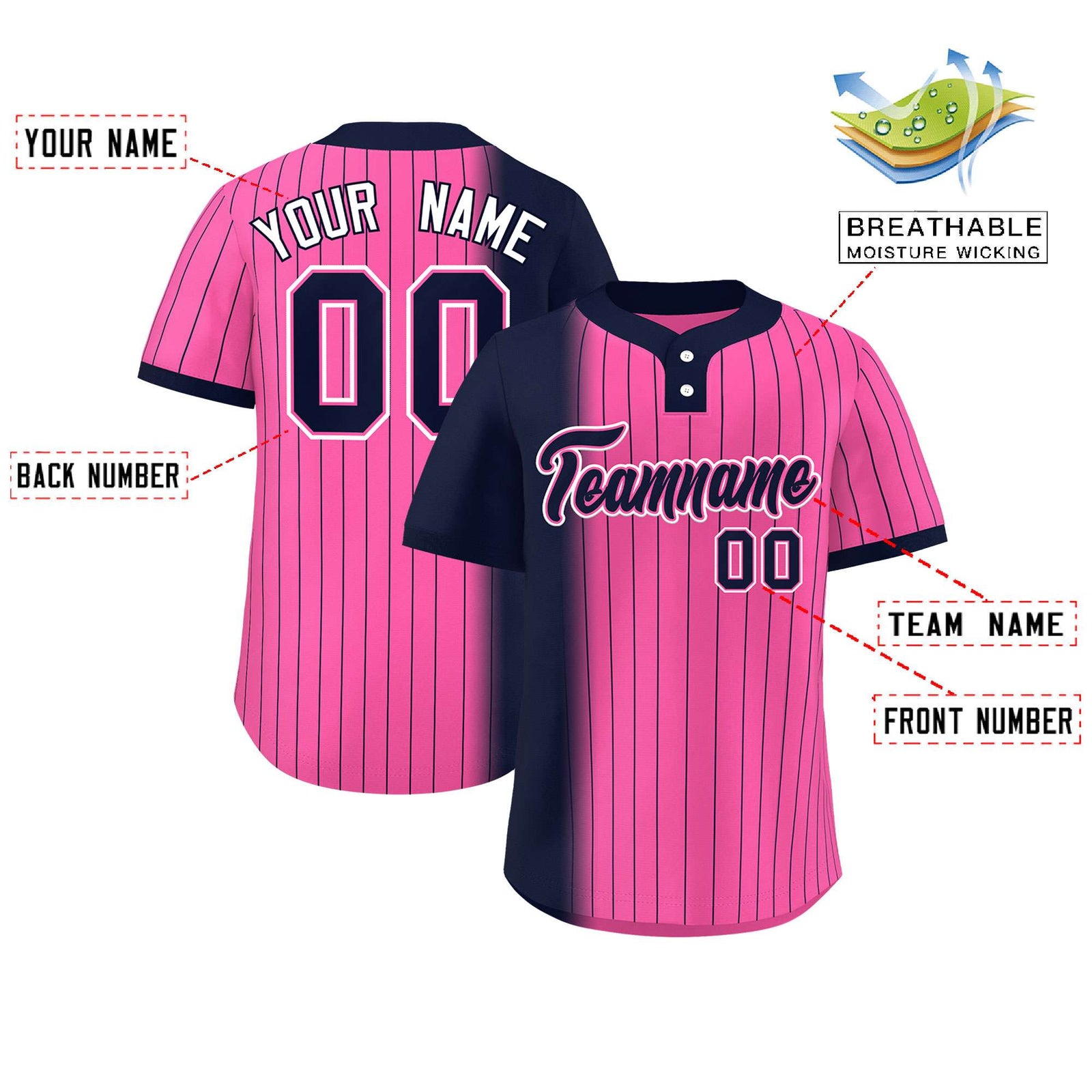 Custom Navy Pink Gradient Stripe Fashion Authentic Two-Button Softball Jersey