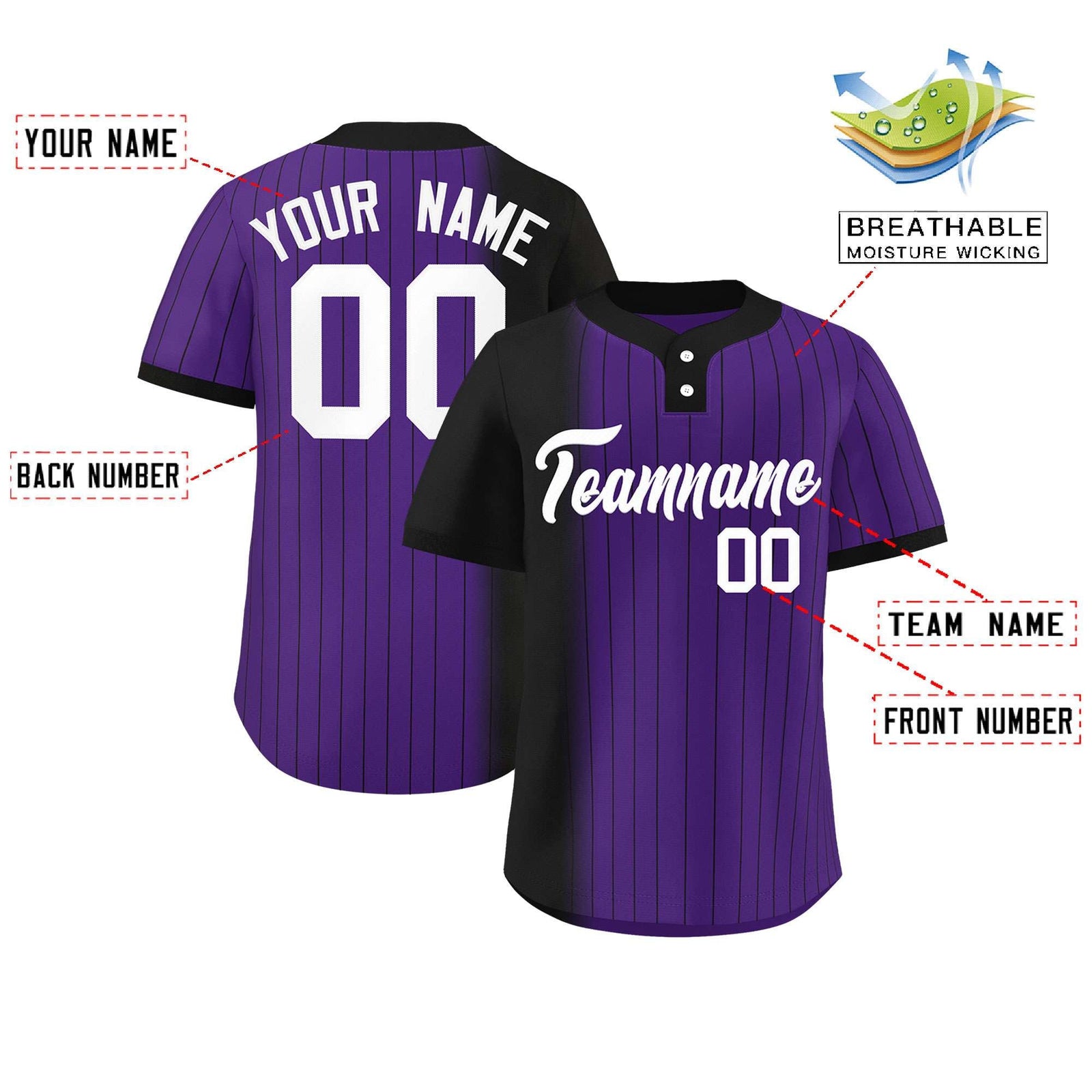 Custom Black Purple Gradient Stripe Fashion Authentic Two-Button Softball Jersey
