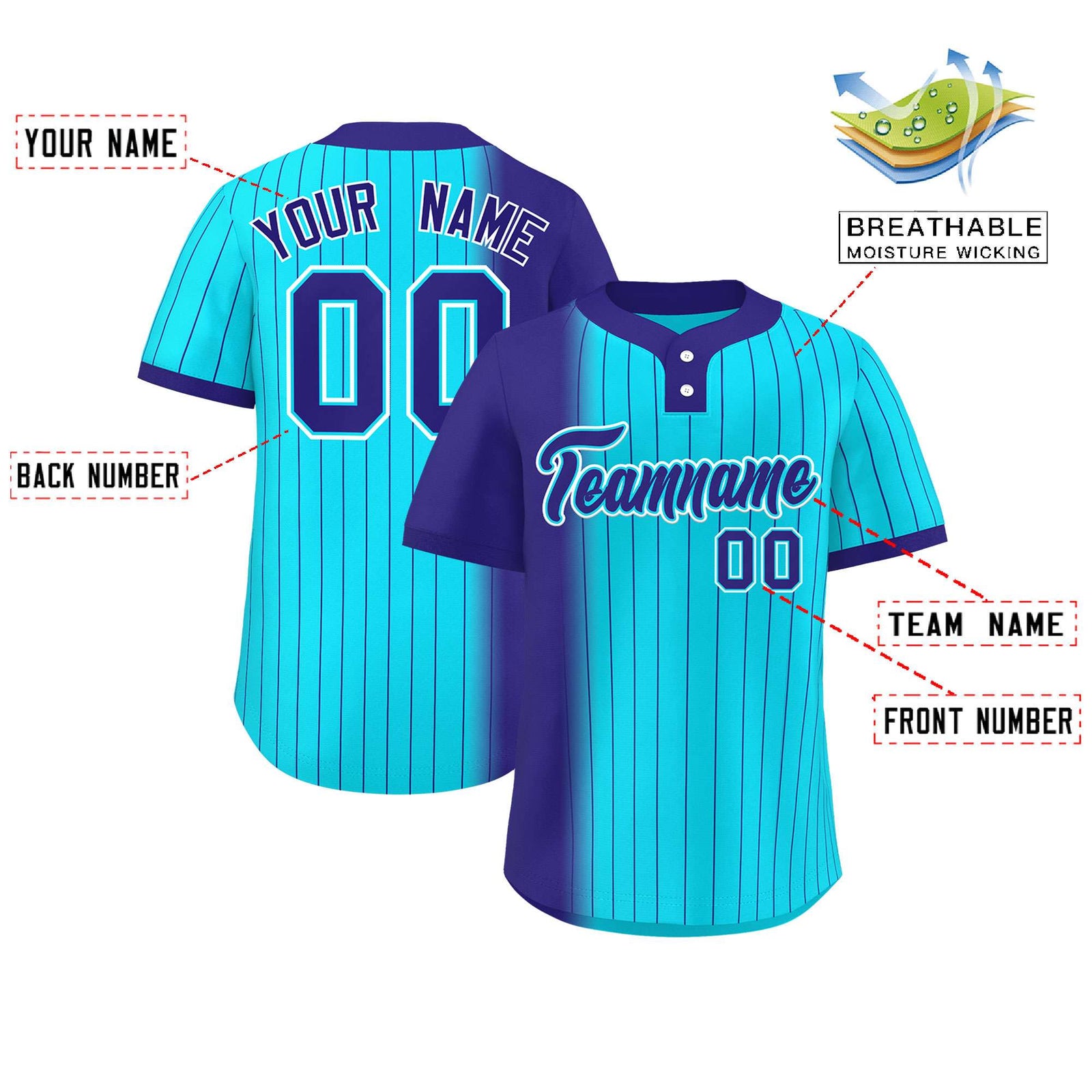 Custom Violet Sky Blue Gradient Stripe Fashion Authentic Two-Button Softball Jersey
