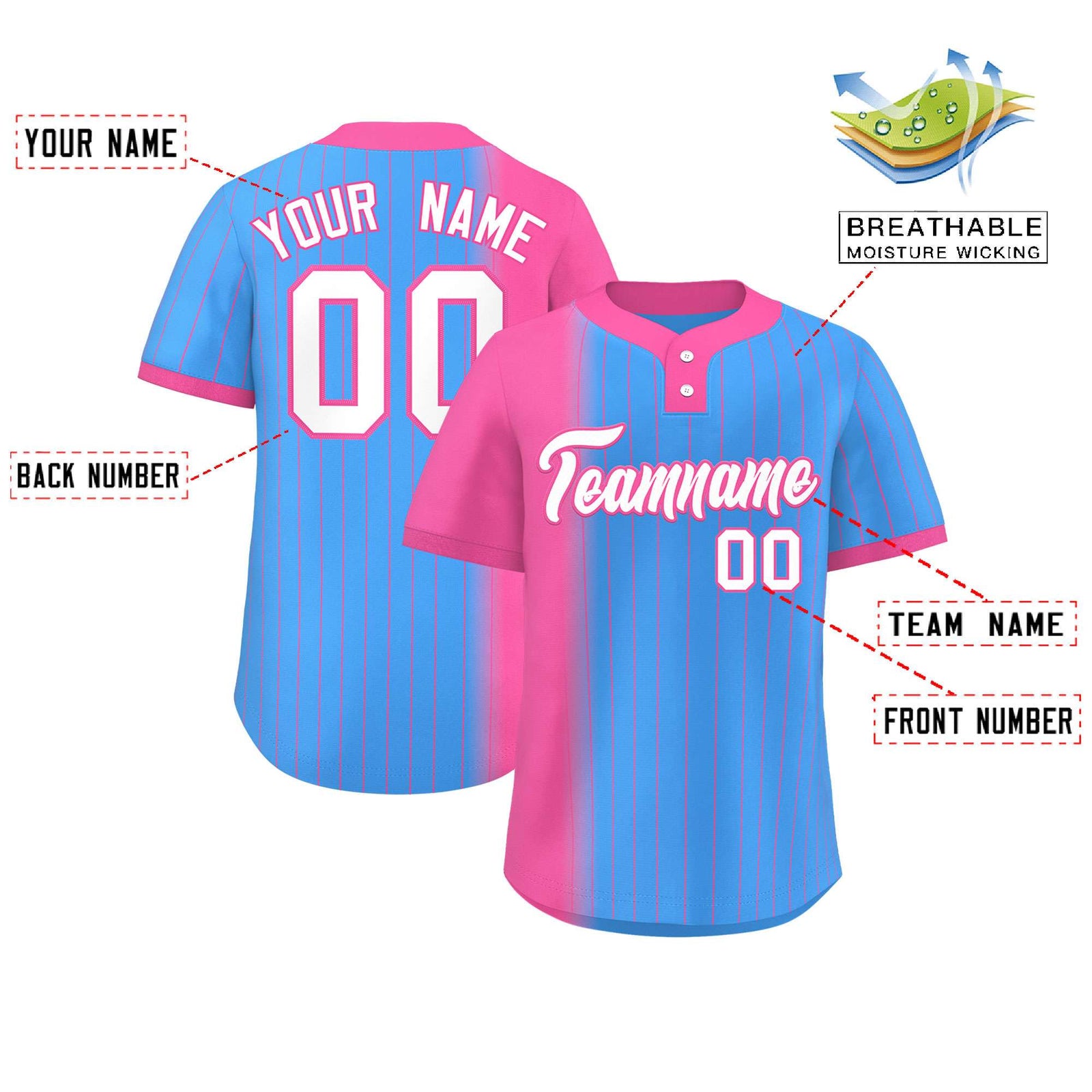 Custom Pink Powder Blue Gradient Stripe Fashion Authentic Two-Button Softball Jersey