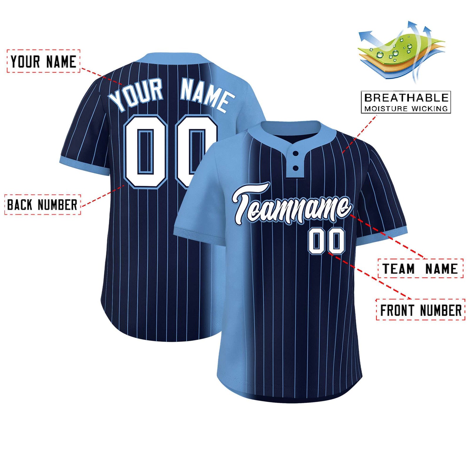 Custom Light Blue Navy Gradient Stripe Fashion Authentic Two-Button Softball Jersey