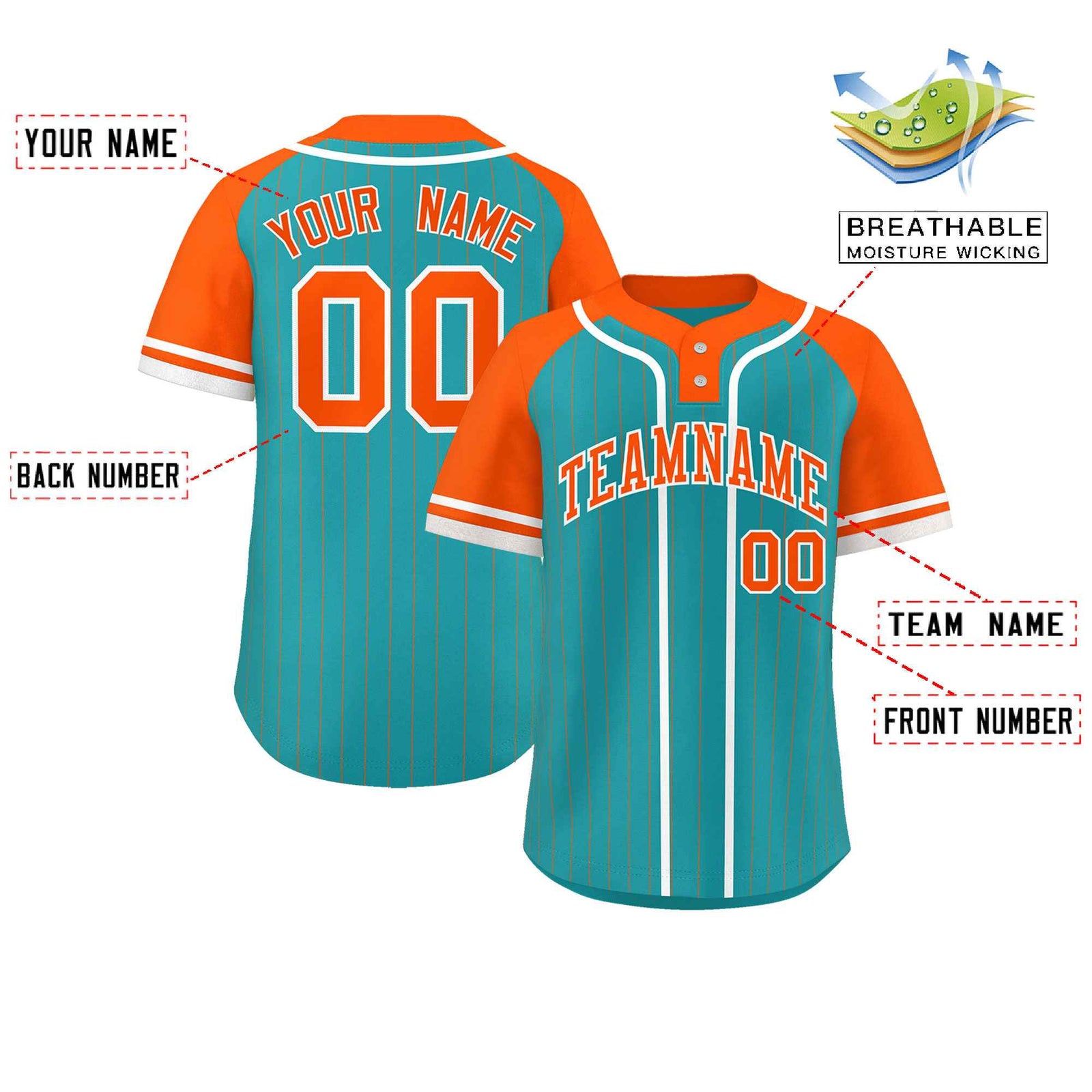 Custom Aqua Orange-White Stripe Fashion Raglan Sleeves Authentic Two-Button Softball Jersey