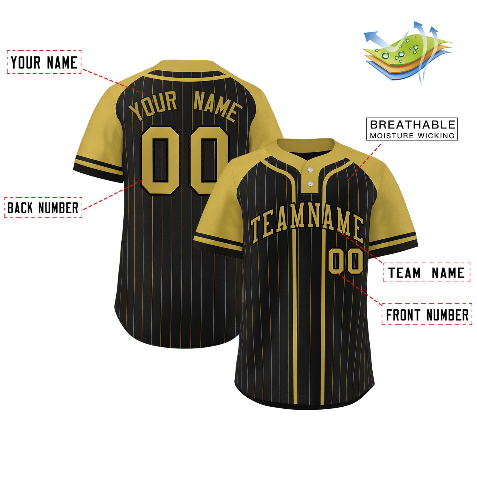Custom Black Old Gold Stripe Fashion Raglan Sleeves Authentic Two-Button Softball Jersey