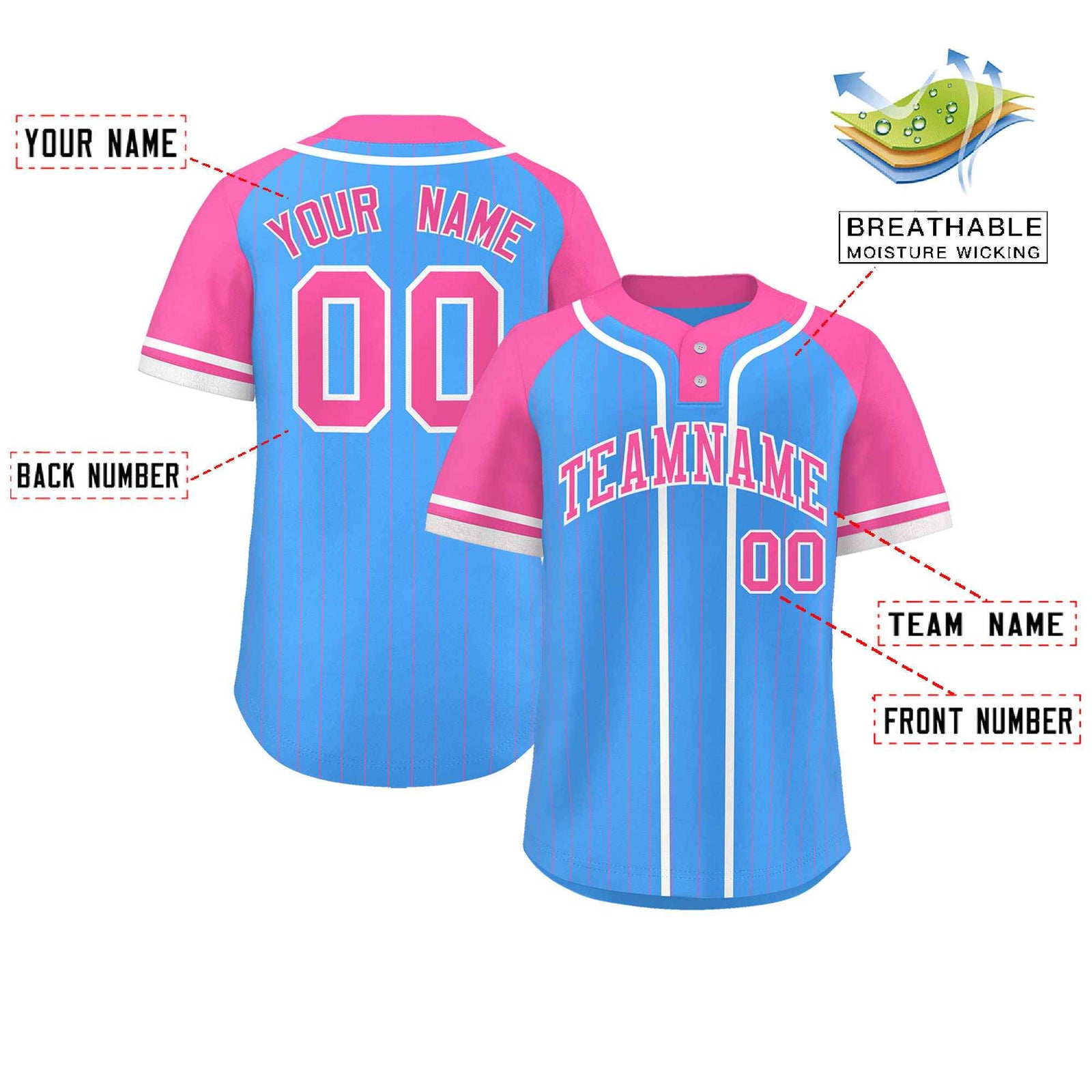 Custom Powder Blue Pink-White Stripe Fashion Raglan Sleeves Authentic Two-Button Softball Jersey