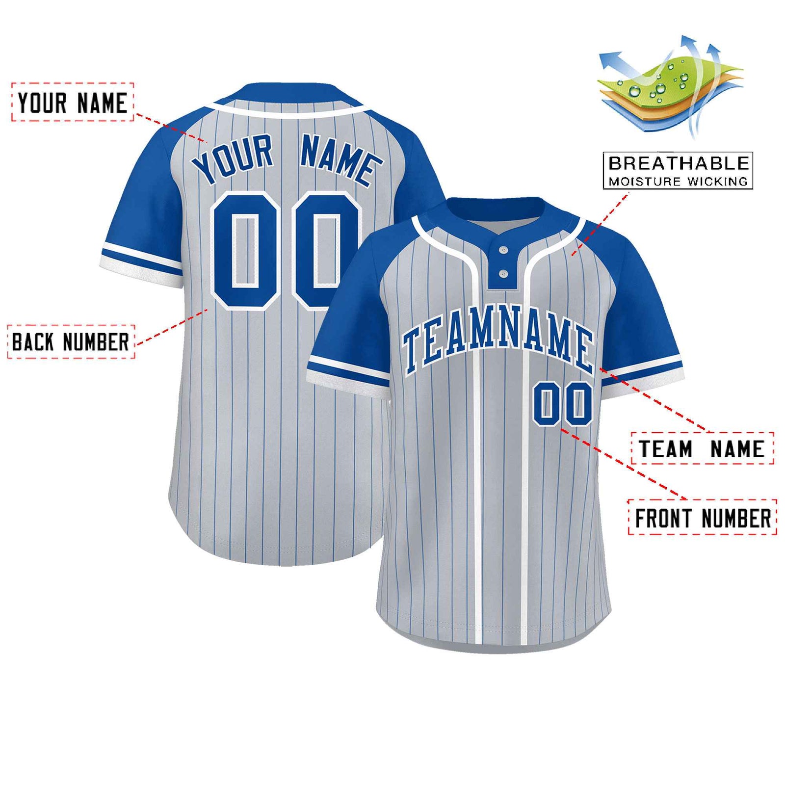 Custom Gray Royal-White Stripe Fashion Raglan Sleeves Authentic Two-Button Softball Jersey